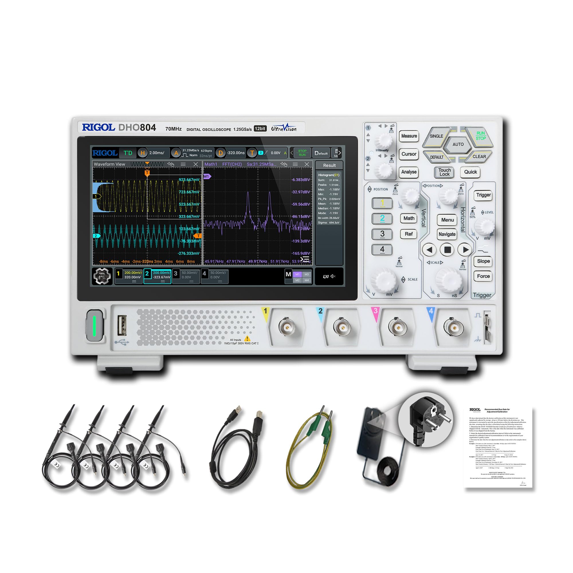 RIGOL Digital Oscilloscope DHO804 70 MHz 4-Ch 1.25 GSa/s 12-bit 25 Mpts UltraAcquire 1,000,000 wfms/s 7" Touch LAN/USB/HDMI Web Control SCPI for Power Ripple Embedded Debug