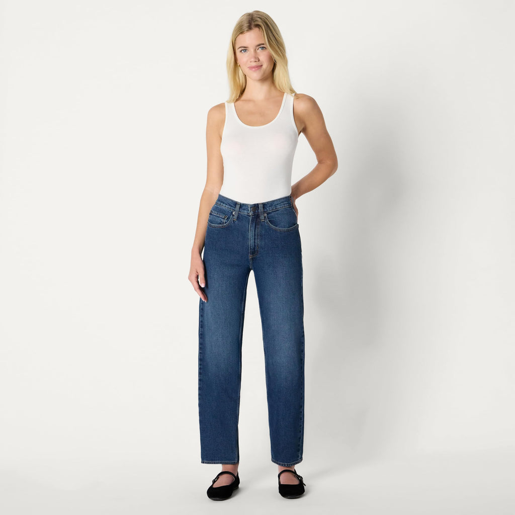 Amazon Essentials Women's Women's Low Stretch High-Rise Barrel Leg Jean, Stone Dark Wash, 10