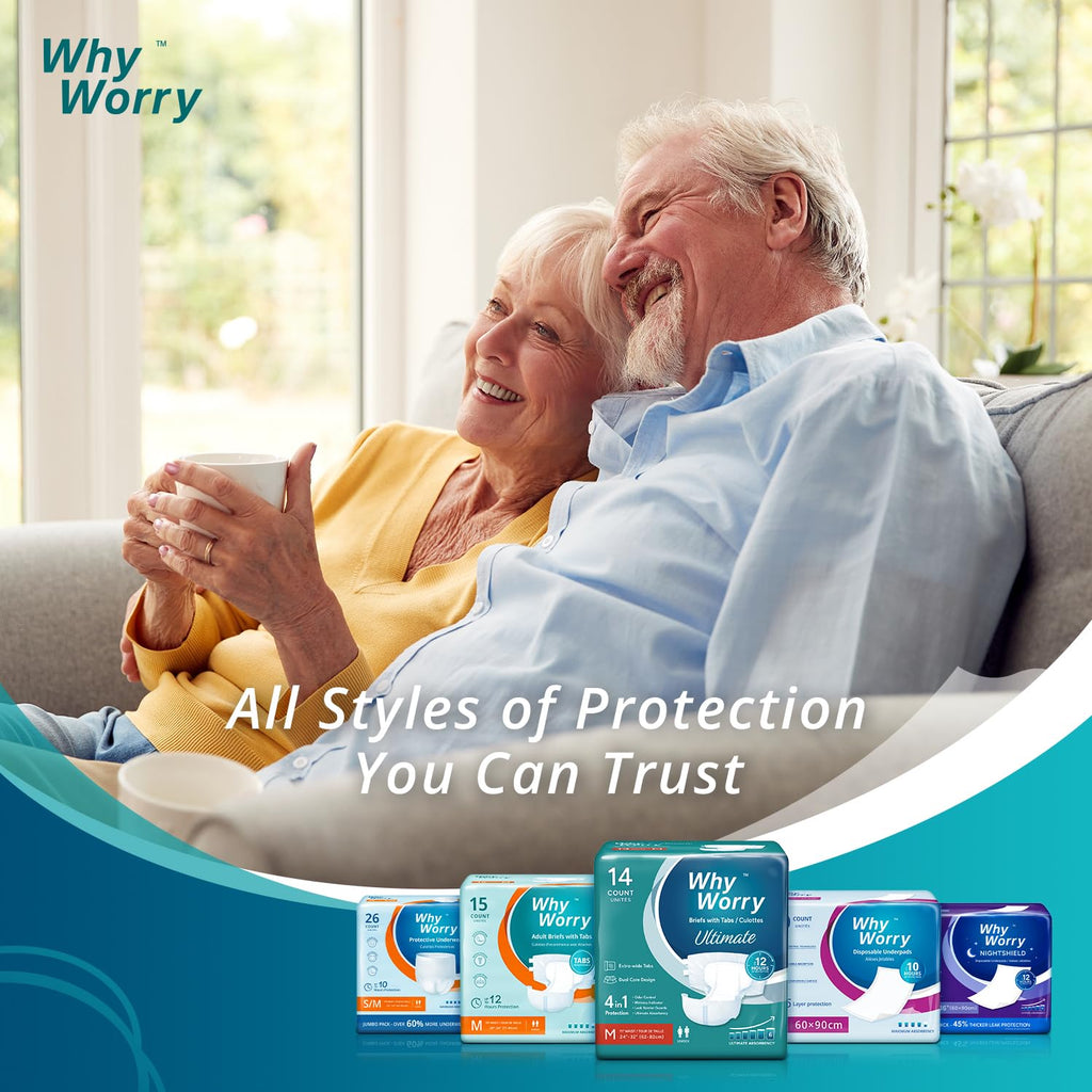 WhyWorry Ultimate Adult Nappies for Men & Women, Disposable Adult Diapers for Incontinence with Ultimate Absorbency, Incontinence Slip for Overnight Protection, Unisex, Odor Control, Large, 14 Count
