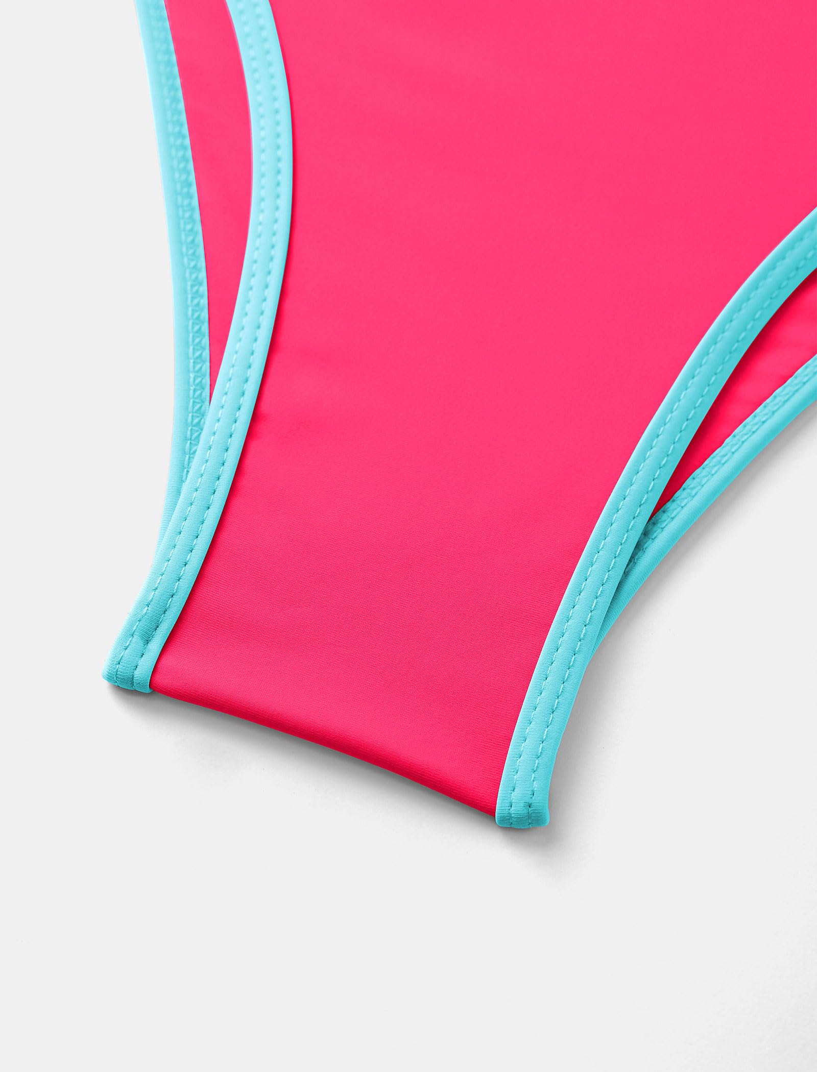 ZAFUL Women's Bandeau Bikini V Strapless Confetti Colorblock Tie Back High Cut Two Piece Swimsuit Bathing Suits (1-Pink+Green, M)