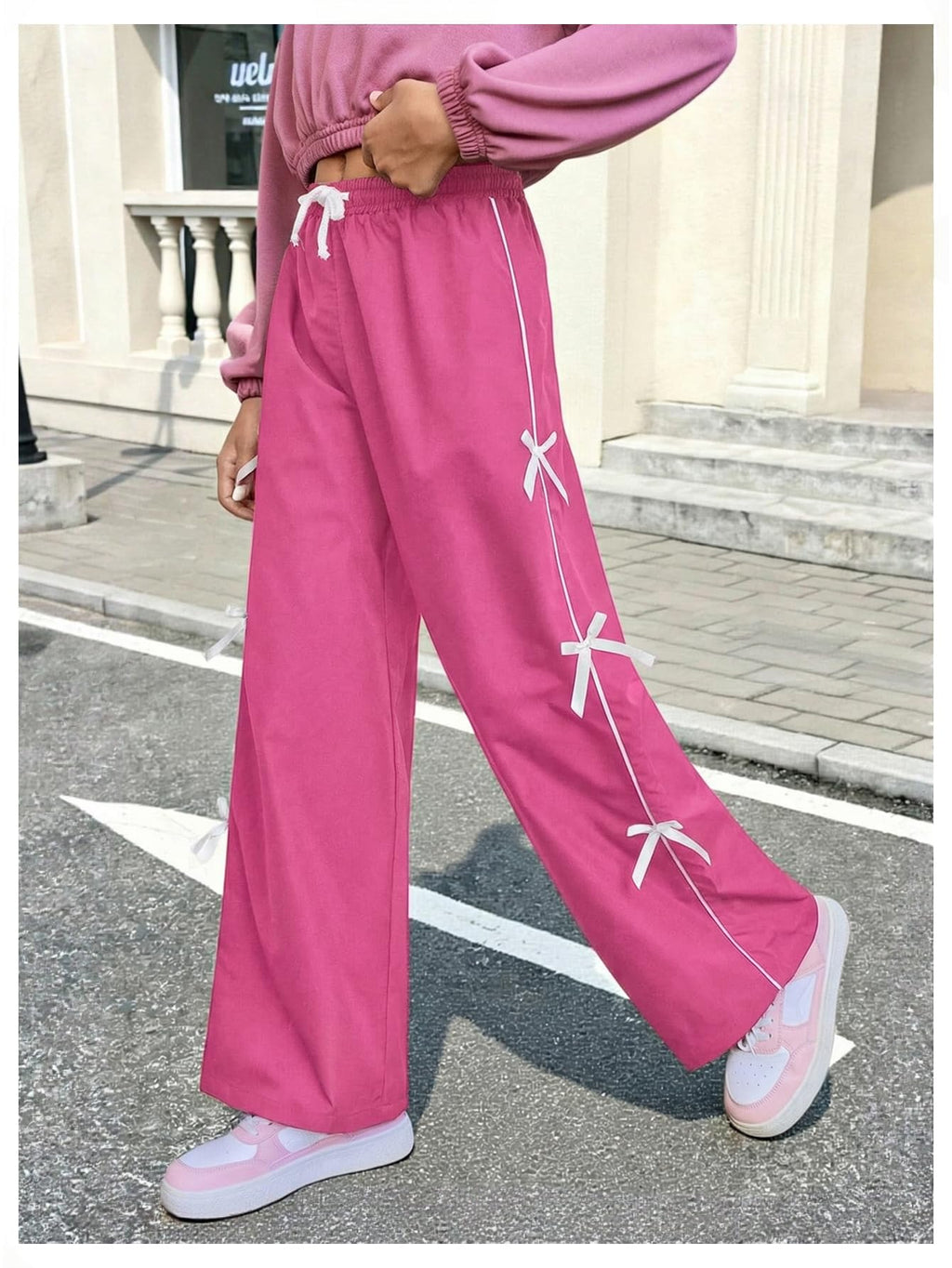 WDIRARA Girl's Bow Side Waist Track Pants Cute Wide Leg Trousers Hot Pink White 10Y