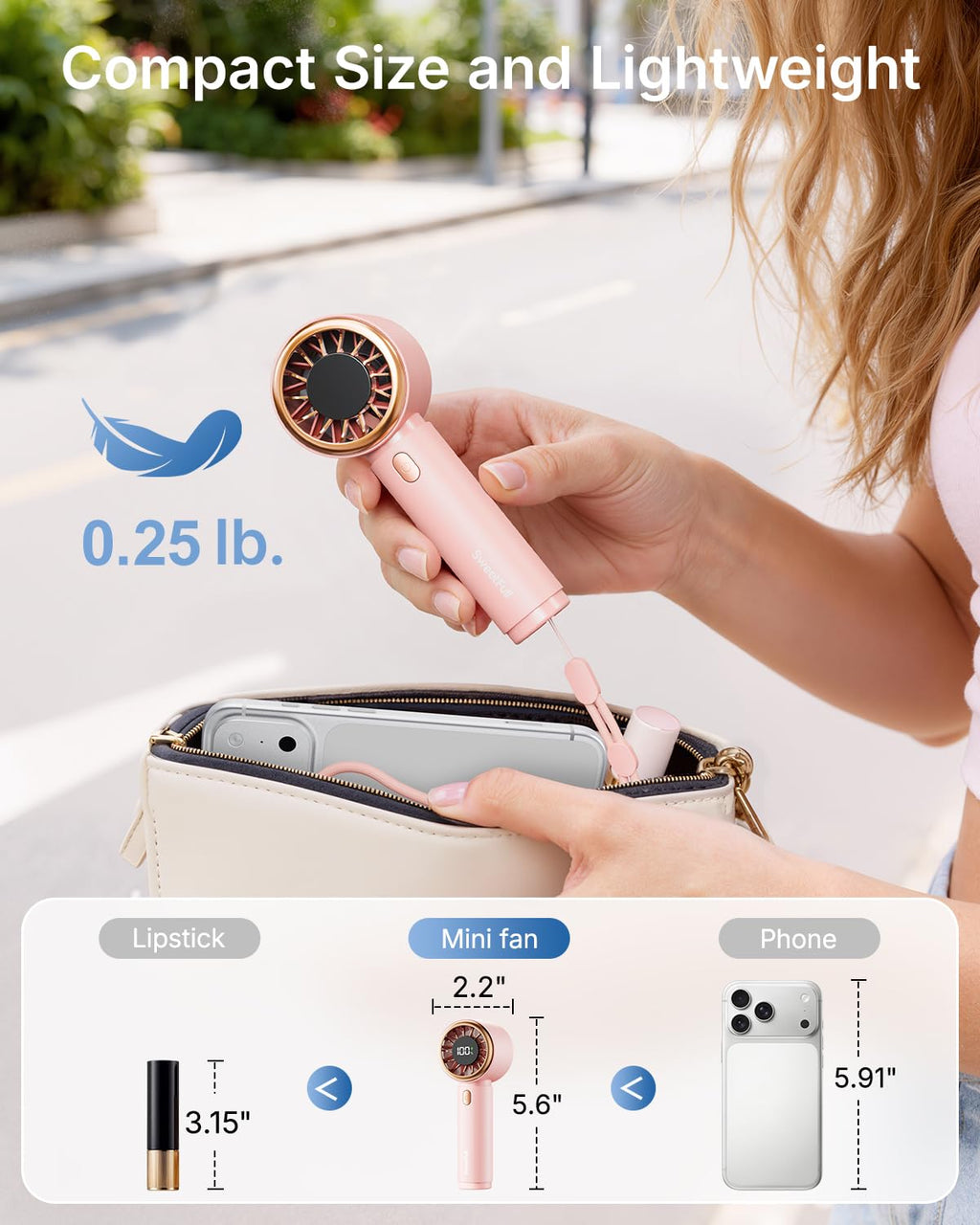 SWEETFULL Mini Fan Portable - Cute Handheld Turbo Fan with Rechargeable Battery, 5 Speeds, Small Hand Personal Travel Essentials for Women, Girls, Kids, Lash, Makeup - Pink