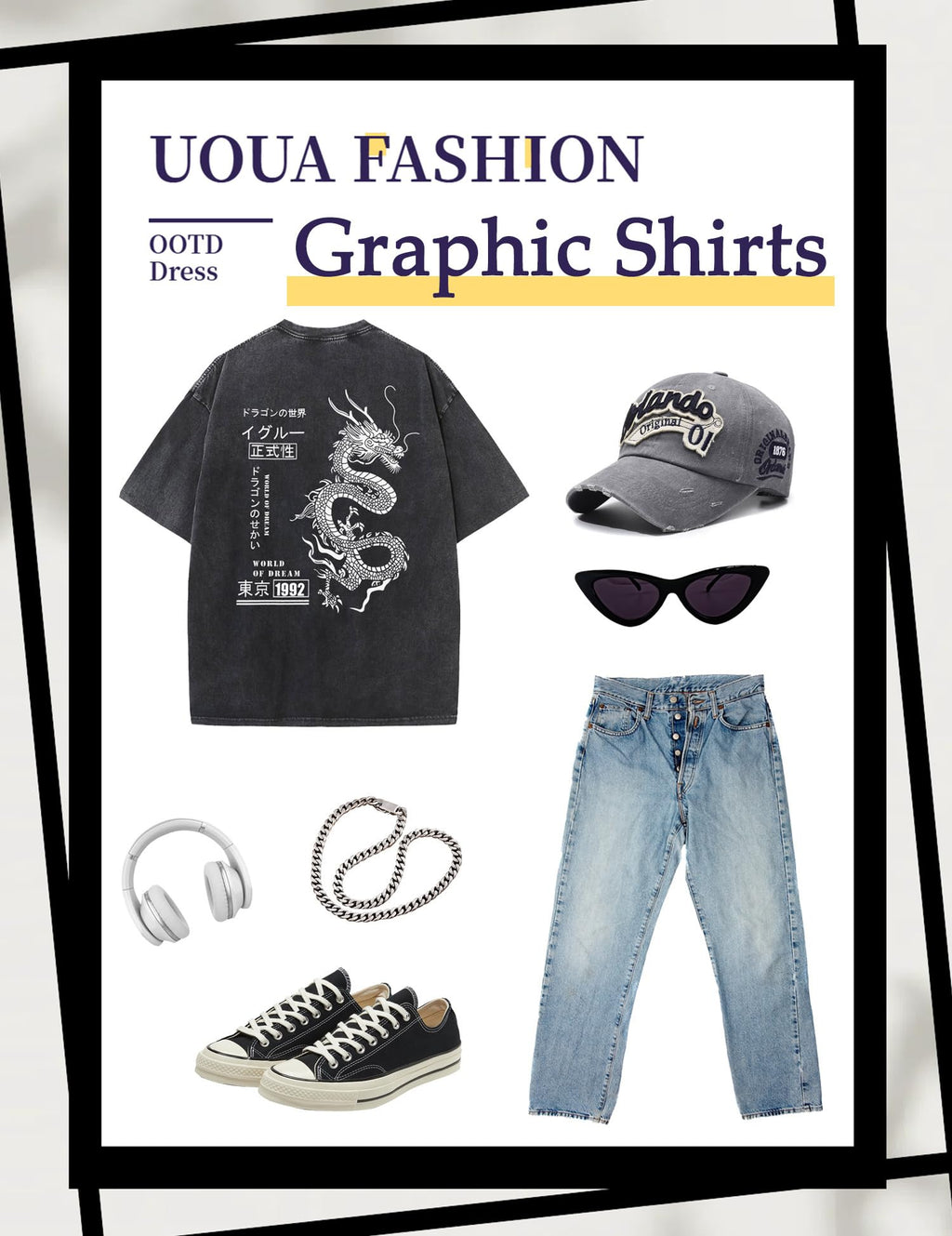 UOUA Mens Graphic Tees Vintage Oversized T-Shirts Casual Acid Wash Cotton Streetwear (S-2XL)