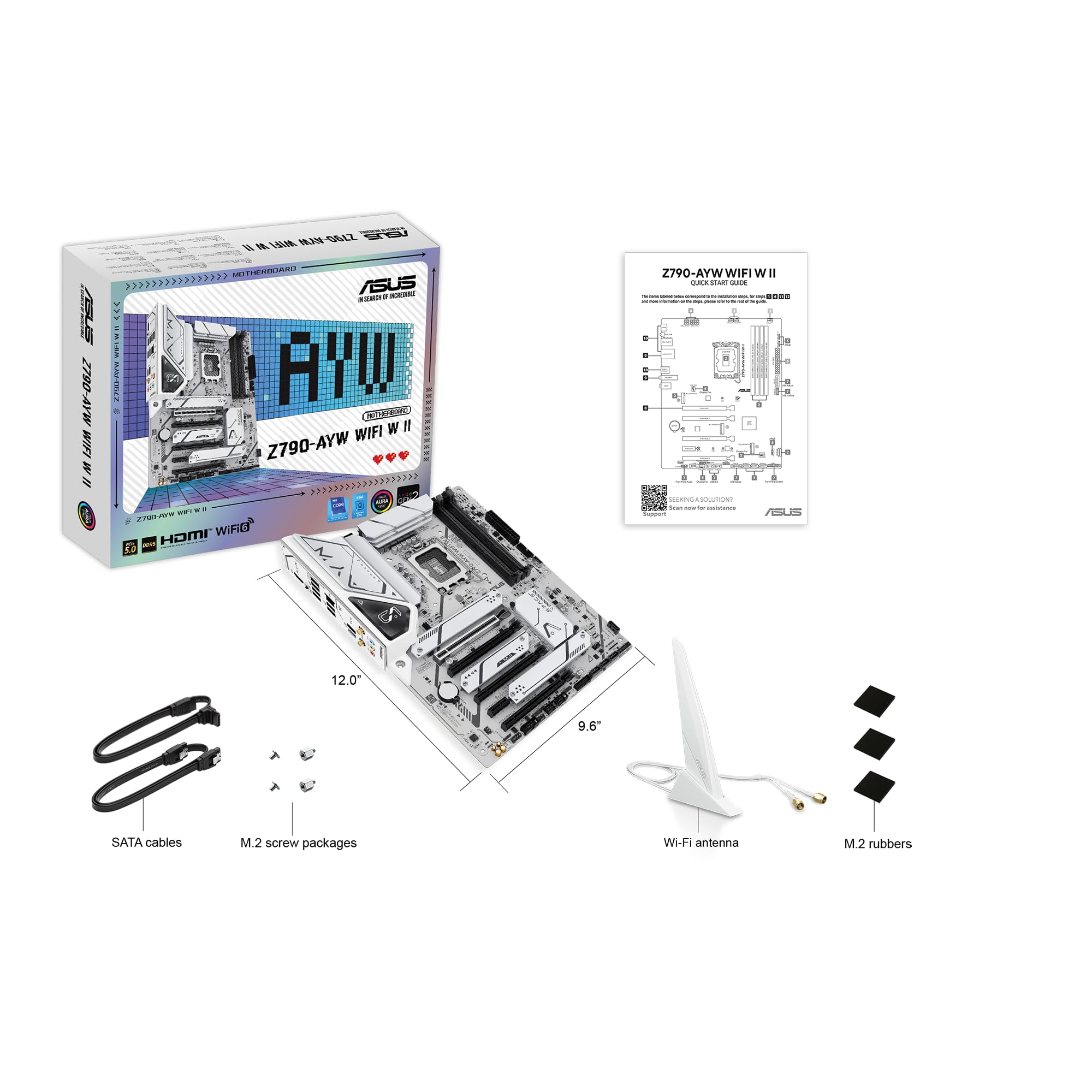 ASUS Z790-AYW WiFi W II Intel Z790 (LGA 1700) ATX Motherboard with PCIe® 5.0, 3X M.2, 12+1 DrMOS, DDR5, WiFi 6, 2.5Gb LAN, HDMI, USB 10Gbps Type-C®, USB 10Gbps Type-C®, Thunderbolt™, USB4®, Aura Sync