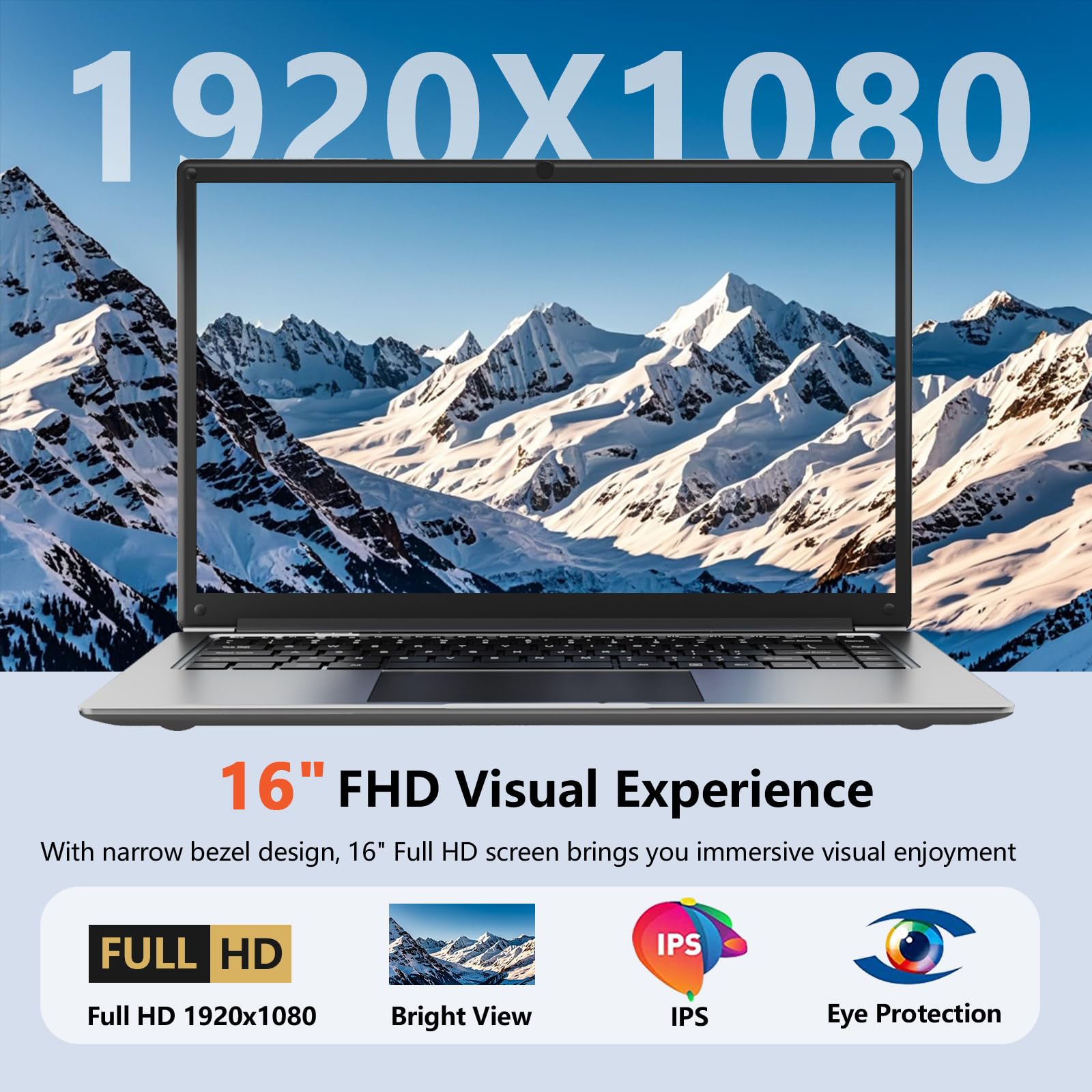 laptop 16-inch , 8GB DDR 256GB SSD portable laptop computer, expandable to 1TB, Pentium quad-core CPU up to 2.64 GHz, 9000mAh battery, interface, USB3.0 interface, dual-band WiFi, webcam, slim laptops
