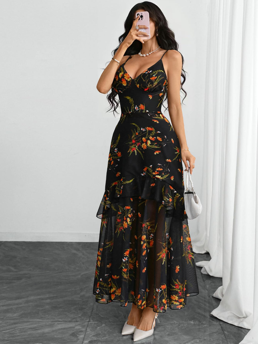GothDark Women Floral Mesh Maxi Dress Sexy V Neck Spaghetti Strap Tiered Ruffle Hem Party Long Dresses for Wedding Guest Multicolor