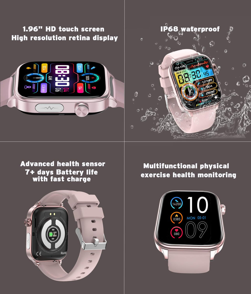 Geelouxian Men's Women's Smart Watch,1.96-inch HD Touchscreen Smartwatch,100+ Sports,Blood Pressure,Heart Rate,Blood Oxygen,Sleep Monitoring,IP68 Waterproof Fitness Tracker,Android iOS iPhone (Pink)