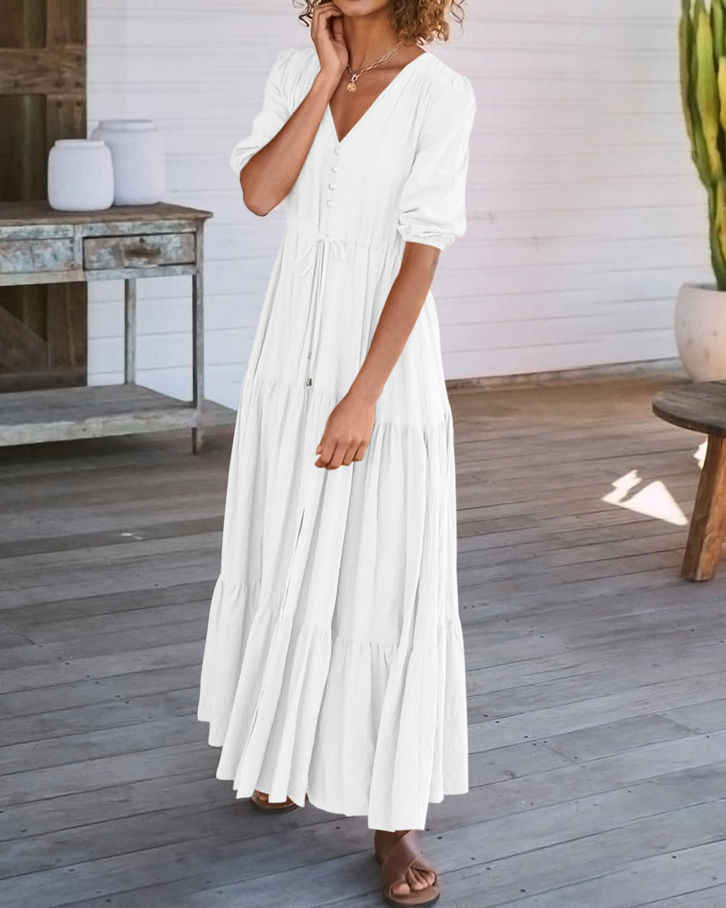 BTFBM Formal Wedding Guest Dresses for Women Summer Dresses Short Sleeve V Neck Maxi Dresses (Solid Beige White,XX-Large)