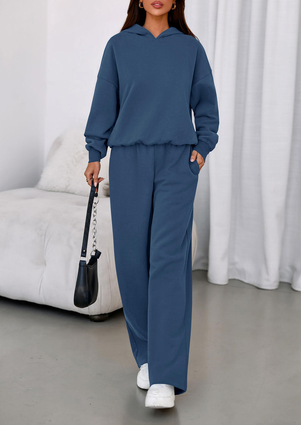 PRETTYGARDEN Womens Sweatsuits 2 Piece Set 2026 Casual Winter Long Sleeve Hoodie Loose Wide Leg Sweatpants Fall Tracksuit (Grey Blue,Medium)
