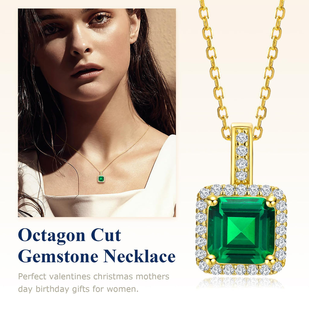 AGRULE Simple Emerald Necklace for Women Wedding Anniversary 14K Gold Plated Sterling Silver Rolo Chain Diamond Accented Green Solitaire Pendant