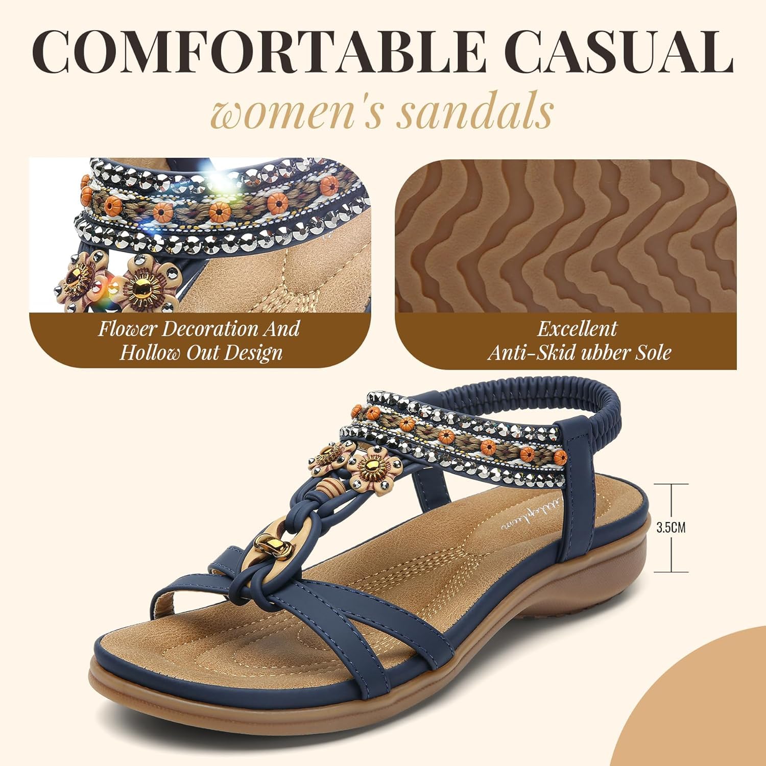 Littleplum Womens Sandals Arch Support Bohemian T-Strap Flower Rhinestone Sandals Women's Non Slip Summer Beach Flat Sandals Blue Size 8