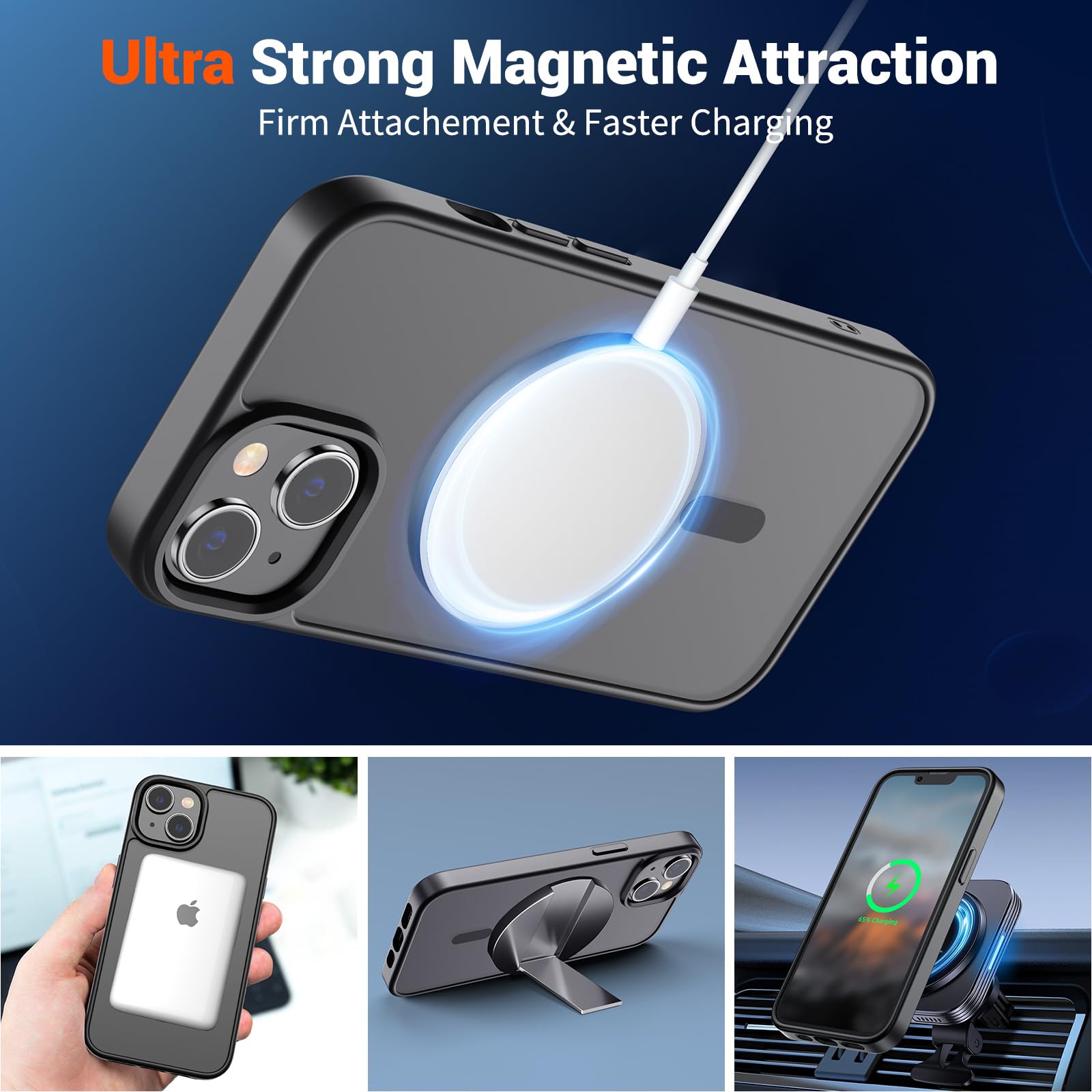SUPFINE Magnetic for iPhone 14 Case & iPhone 13 Case (Compatible with MagSafe)(Military Grade Drop Protection) Translucent Matte Shockproof Phone Cover,Black