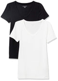 Amazon Essentials Women's Slim-Fit Short-Sleeve V-Neck T-Shirt, Pack of 2, Black/White, X-Large