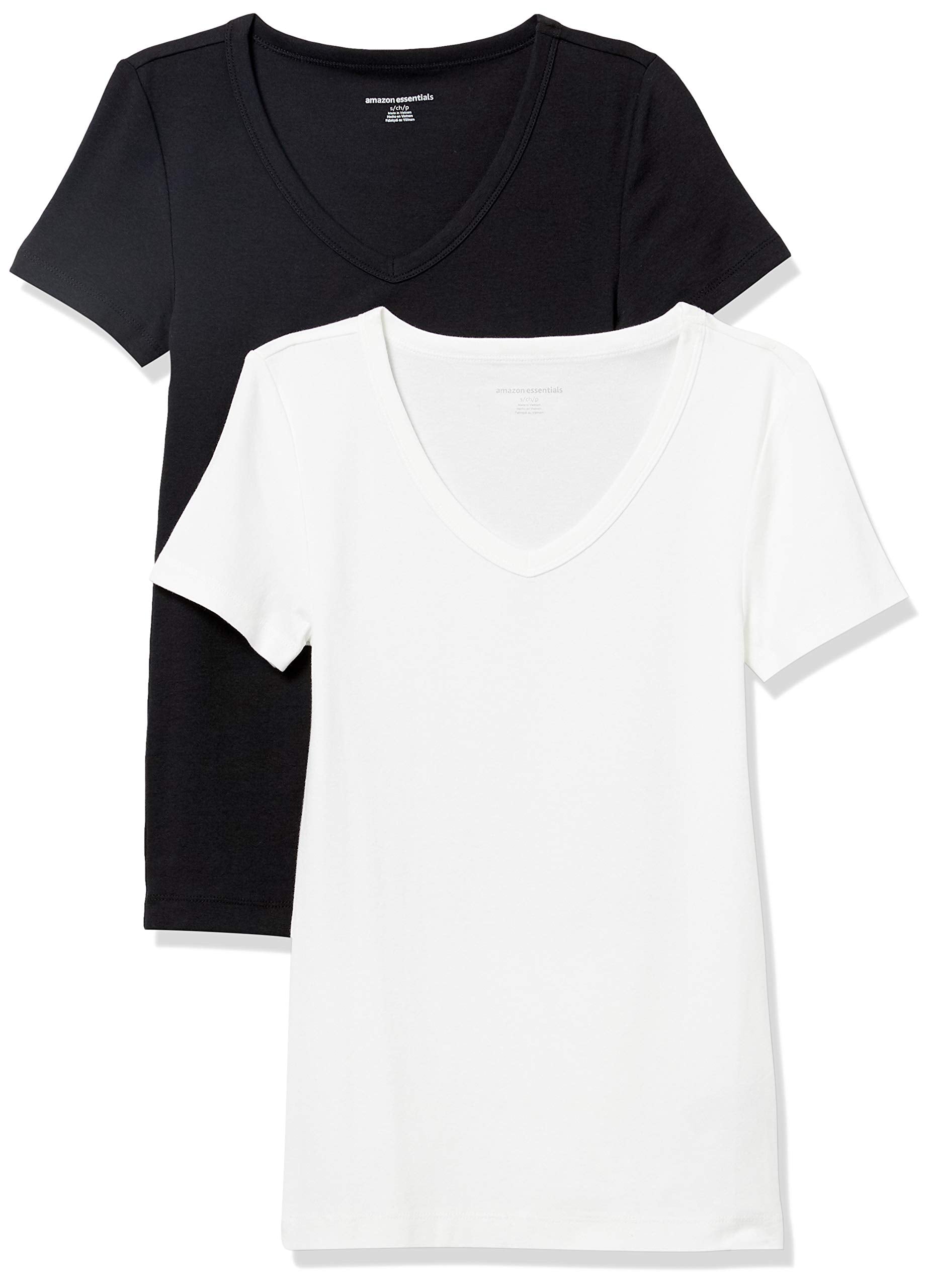 Amazon Essentials Women's Slim-Fit Short-Sleeve V-Neck T-Shirt, Pack of 2, Black/White, X-Large