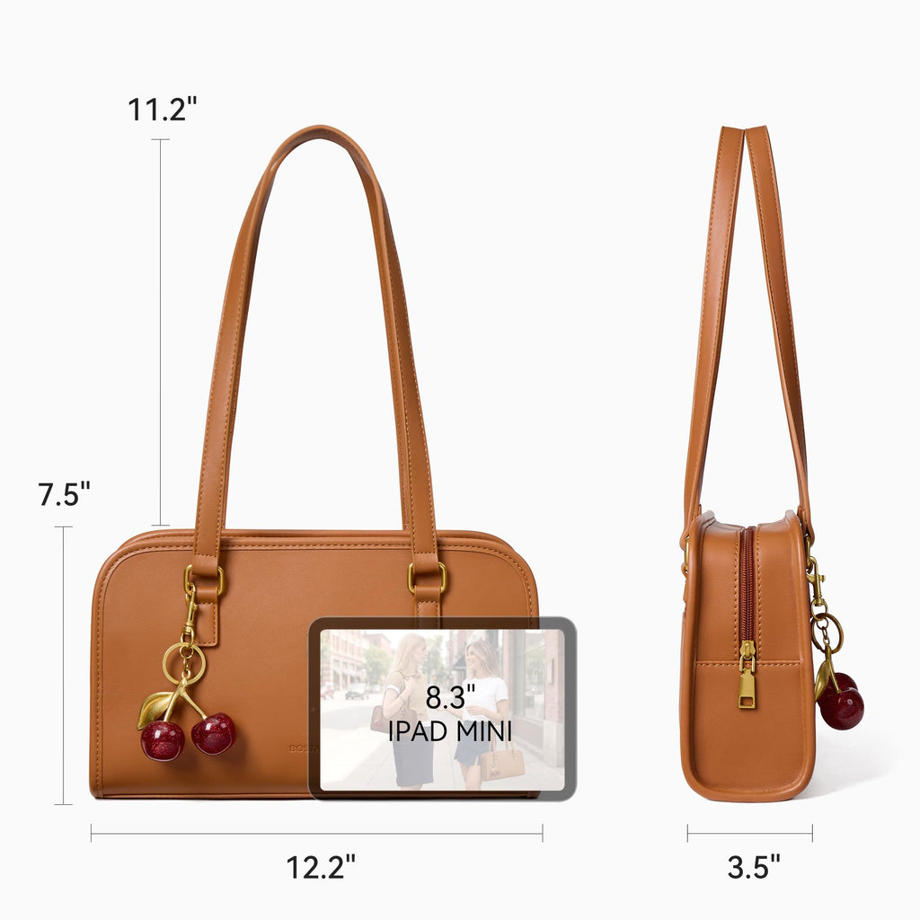 BOSTANTEN Shoulder Bag for Women Vegan Leather Purse with Cherry Charm Medium Handbag with Zipper for Daily Use, Brown