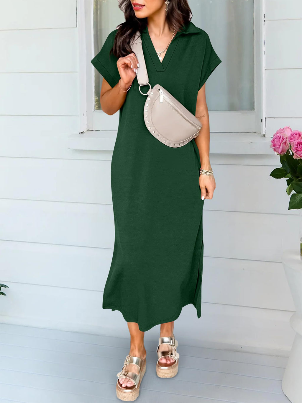 ANRABESS Womens Summer Casual Midi Dresses Short Sleeve Polo V Neck Loose Split Wrinkle-Free Beach Vacation Tshirt Maxi Dress Forest Green Large