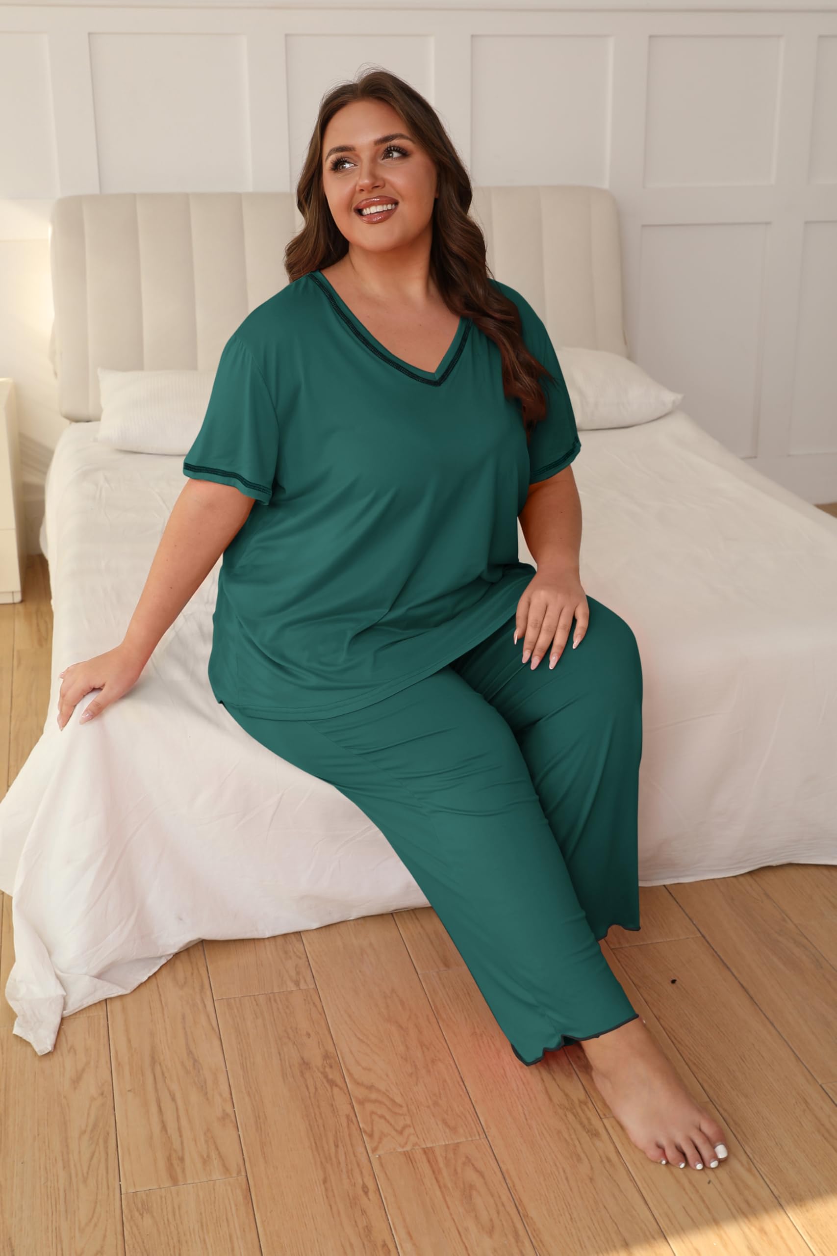 Vozanet Women's Plus Size Pajama Sets Short Sleeve Long Pants Solid Color with Piping Trim Elegant Loungewear Cozy Sleepwear with Pockets, Dark Green, XX-Large
