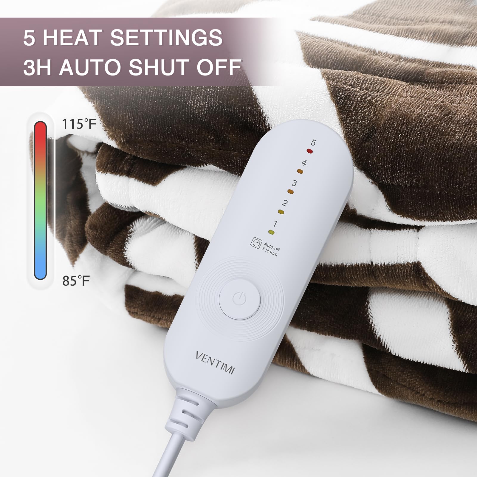 VENTIMI Electric Blanket Heated Throw, 50" x 60" Heated Blanket with 5 Heat Levels & 3 Hours Auto Off, Fast Heating Blanket with ETL & FCC Certification, Coffee
