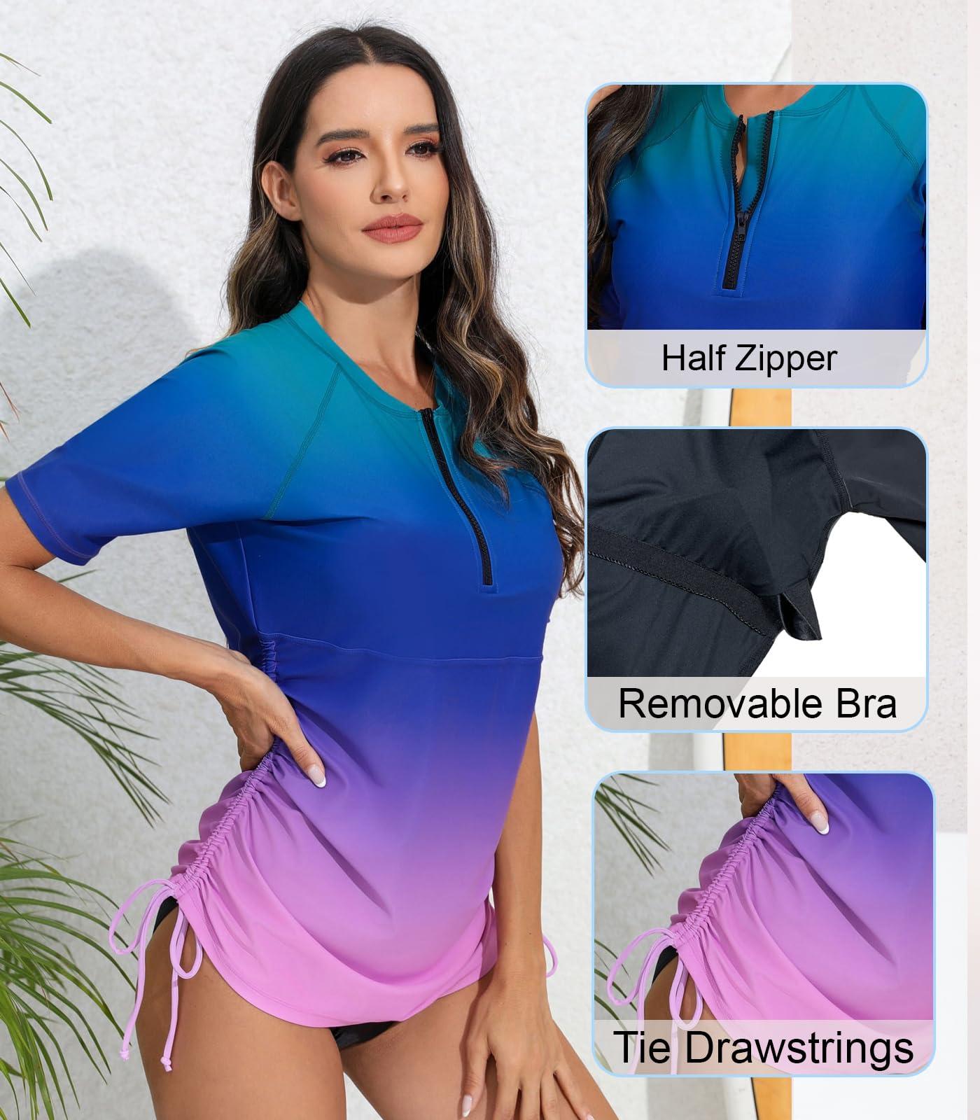 Halcurt Women's Short Sleeve Rash Guard Swim Shirt with Bra Half Zip Tie Drawstring UPF50+ Swimsuit Top Ombre Green Blue Purple S