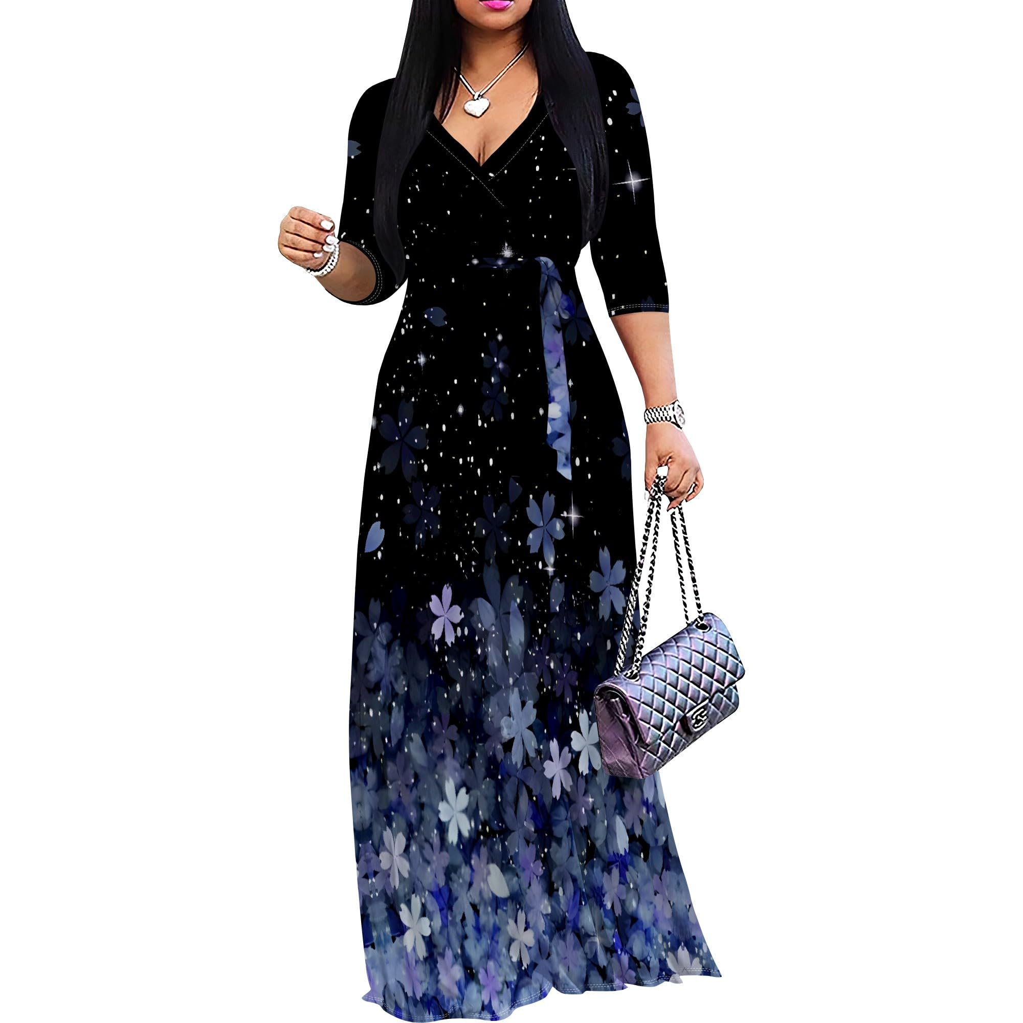 PinkPatty Women's Floral Print Maxi Dress 3/4 Sleeve V-Neck Casual Loose Wrap Tie Waist Long Dress XX-Large