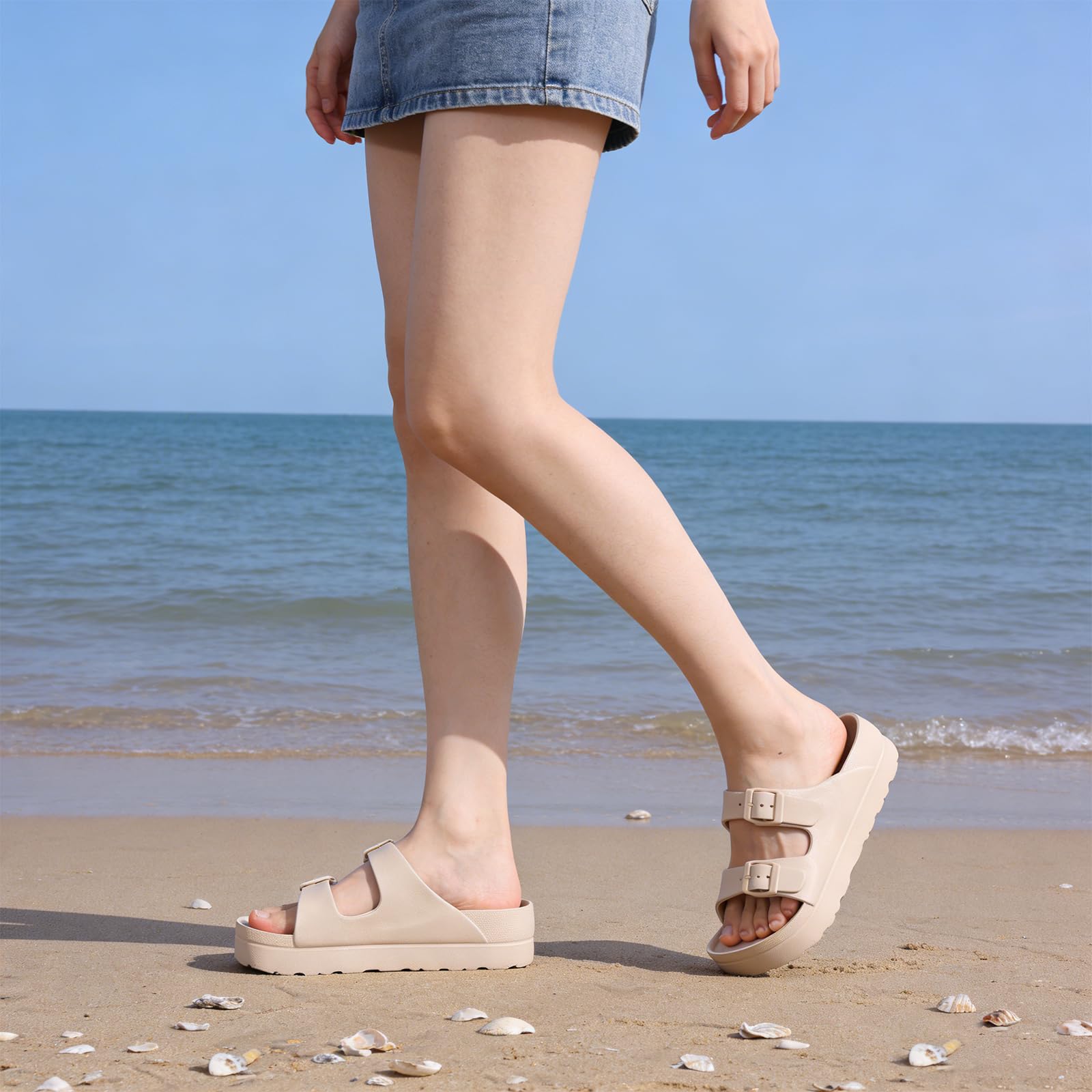 Goosecret Women's Platform Sandals with Arch Support Chunky Lightweight Foam Slip on Slides Comfortable Summer Beach Sandals with Adjustable Buckle Nude, 39(size 8-8.5)