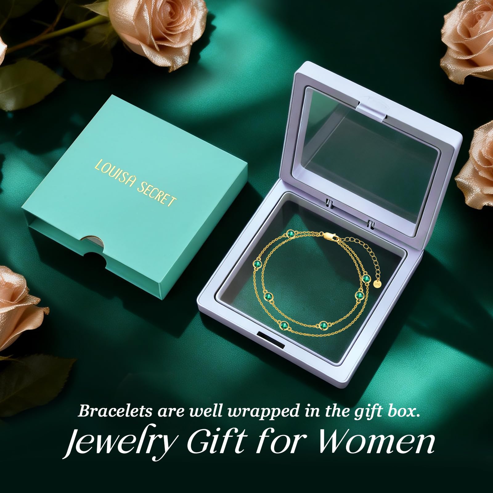 LOUISA SECRET Mothers Day Gifts Birthstone Bracelets for Women, Charm Link Double Strand Bracelet for Mom Wife Her, Birthday Anniversary Christmas