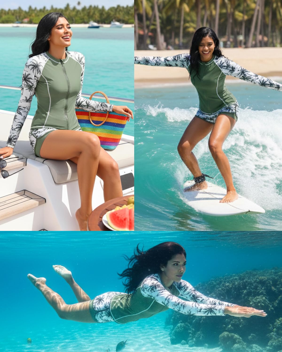 Green Palm Tree 3 Piece Rash Guard for Women - Long Sleeve Swimsuits with Shorts SPF Zip up Swim Shirt with Built in Bra M