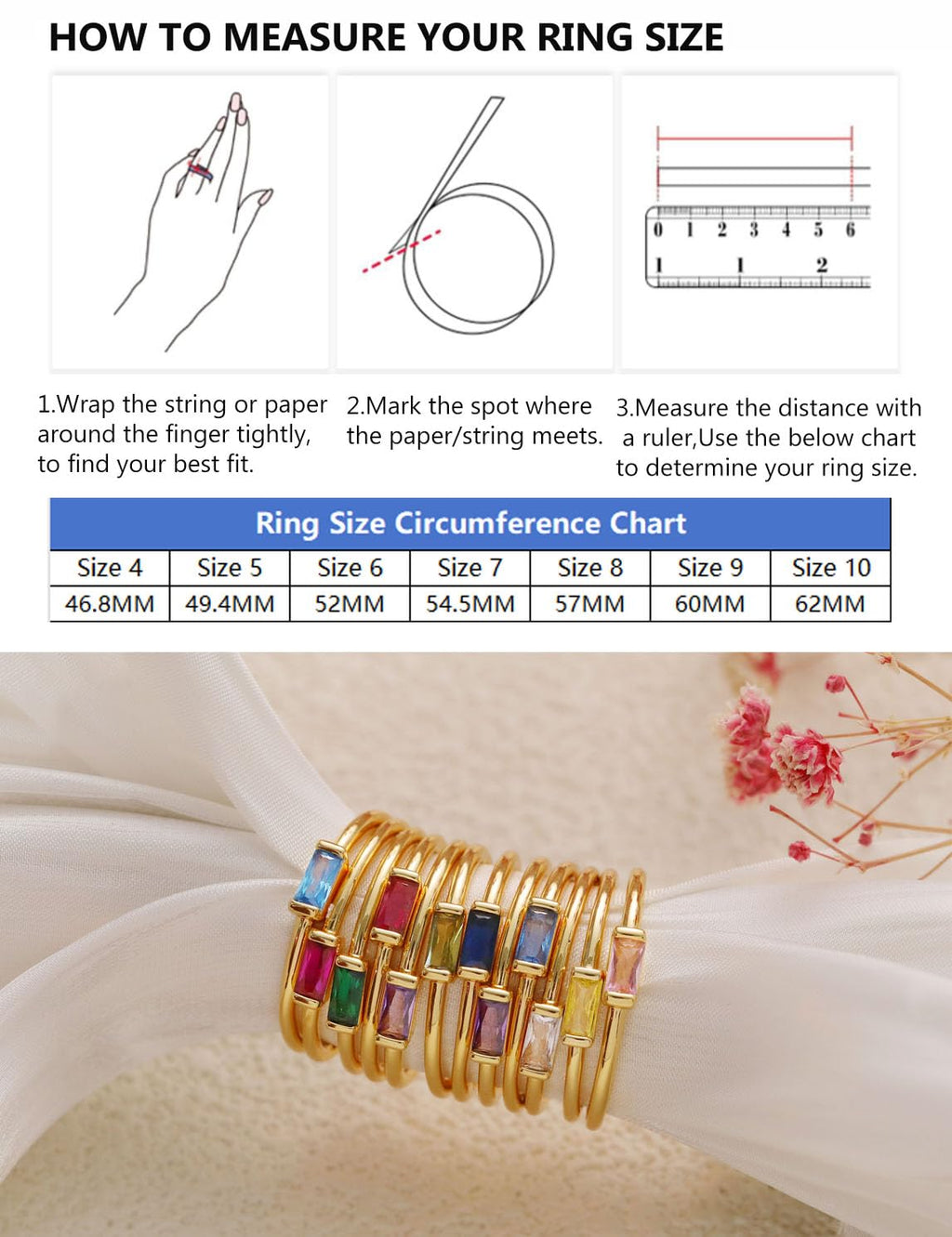 RLMOON Gold Birthstone Rings for Women Non Tarnish Gold Stackable Ring Dainty 14K Gold Plated Baguette Cubic Zirconia Ring Personalized Jewelry Gift for Birthday Size 7