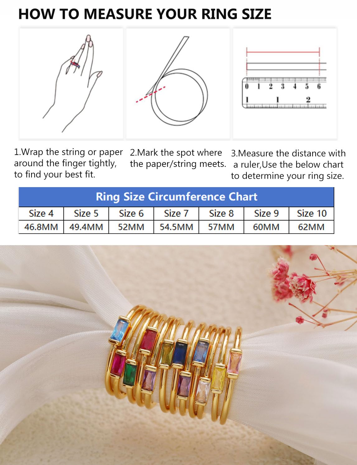 RLMOON Gold Birthstone Rings for Women Non Tarnish Gold Stackable Ring Dainty 14K Gold Plated Baguette Cubic Zirconia Ring Personalized Jewelry Gift for Birthday Size 7