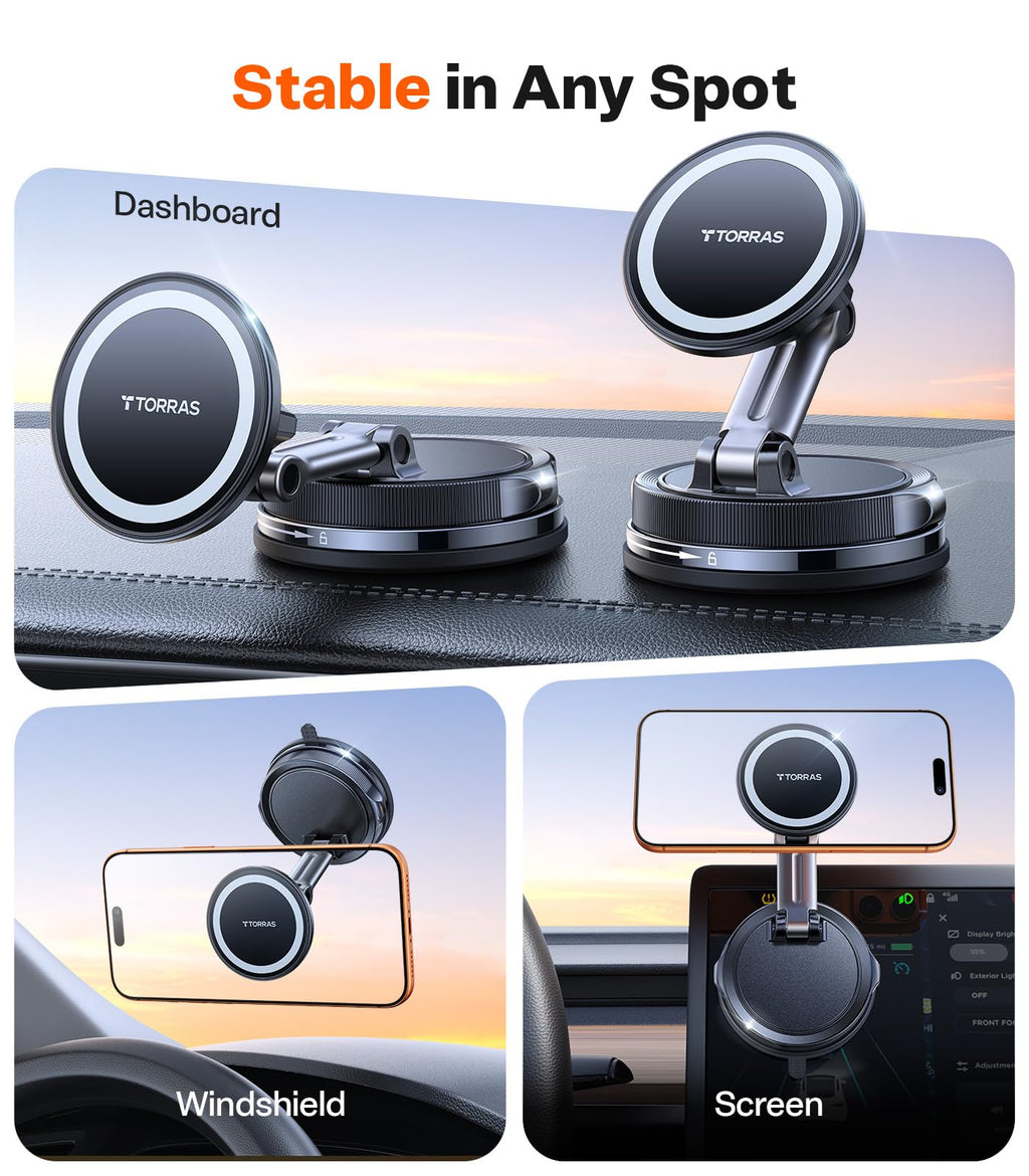 TORRAS 2026 Vacuum for Magsafe Car Mount【98+LBS Strongest Suction & Ultra Magnet】 Magnetic Phone Holders for Your Car, 360° Adjustable Car Phone Holder Mount for iPhone 17 Pro Max 16 15 14 13 12