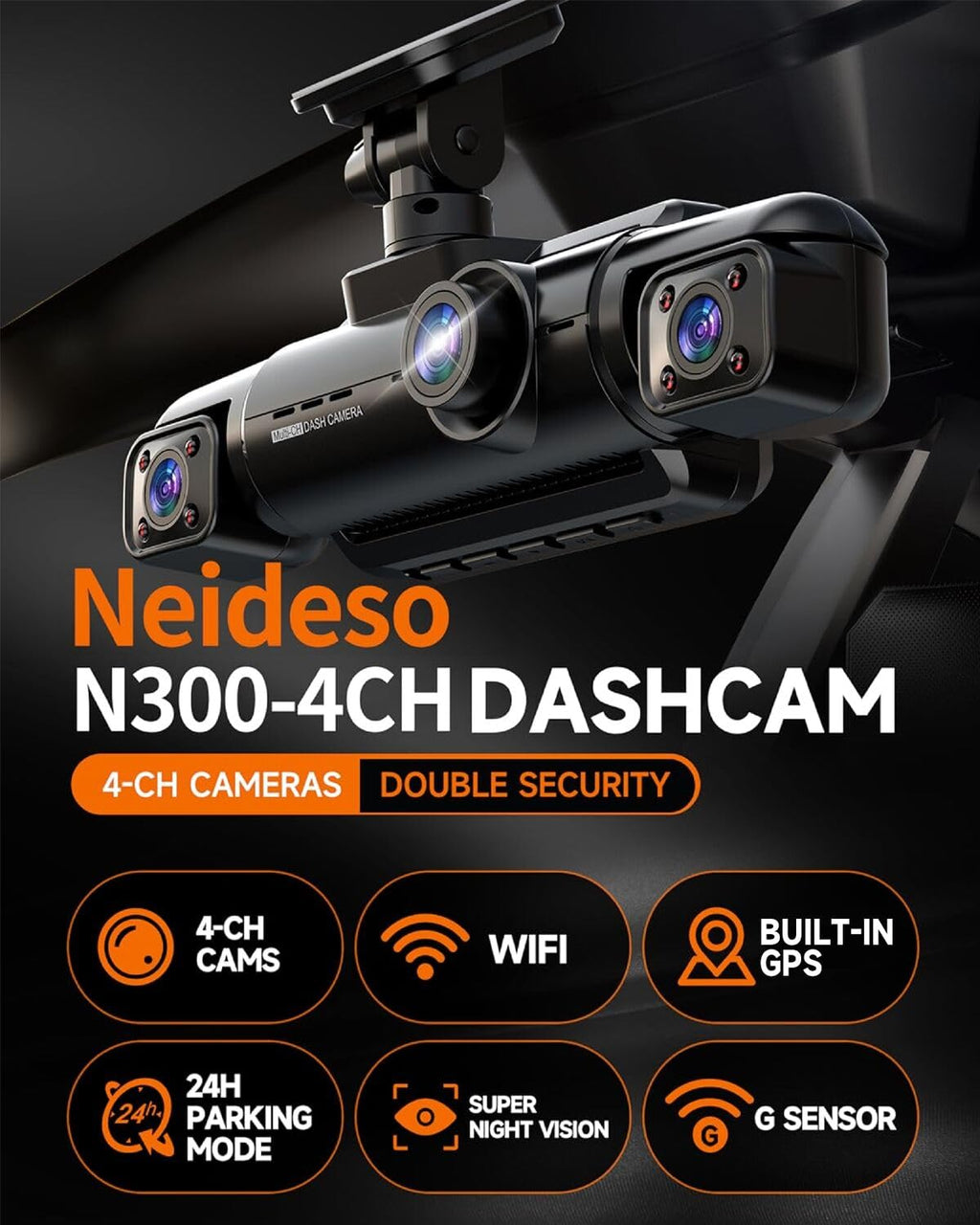 Neideso 360° Dash Cam Front and Rear Inside, 4 Channel FHD 4 * 1080P, Wi-Fi GPS Voice Control Car Camera, Front 2K+1080P*2 Dash Camera for Cars, with 64GB SD Card, Night Vision, 24H Parking Mode(N300)