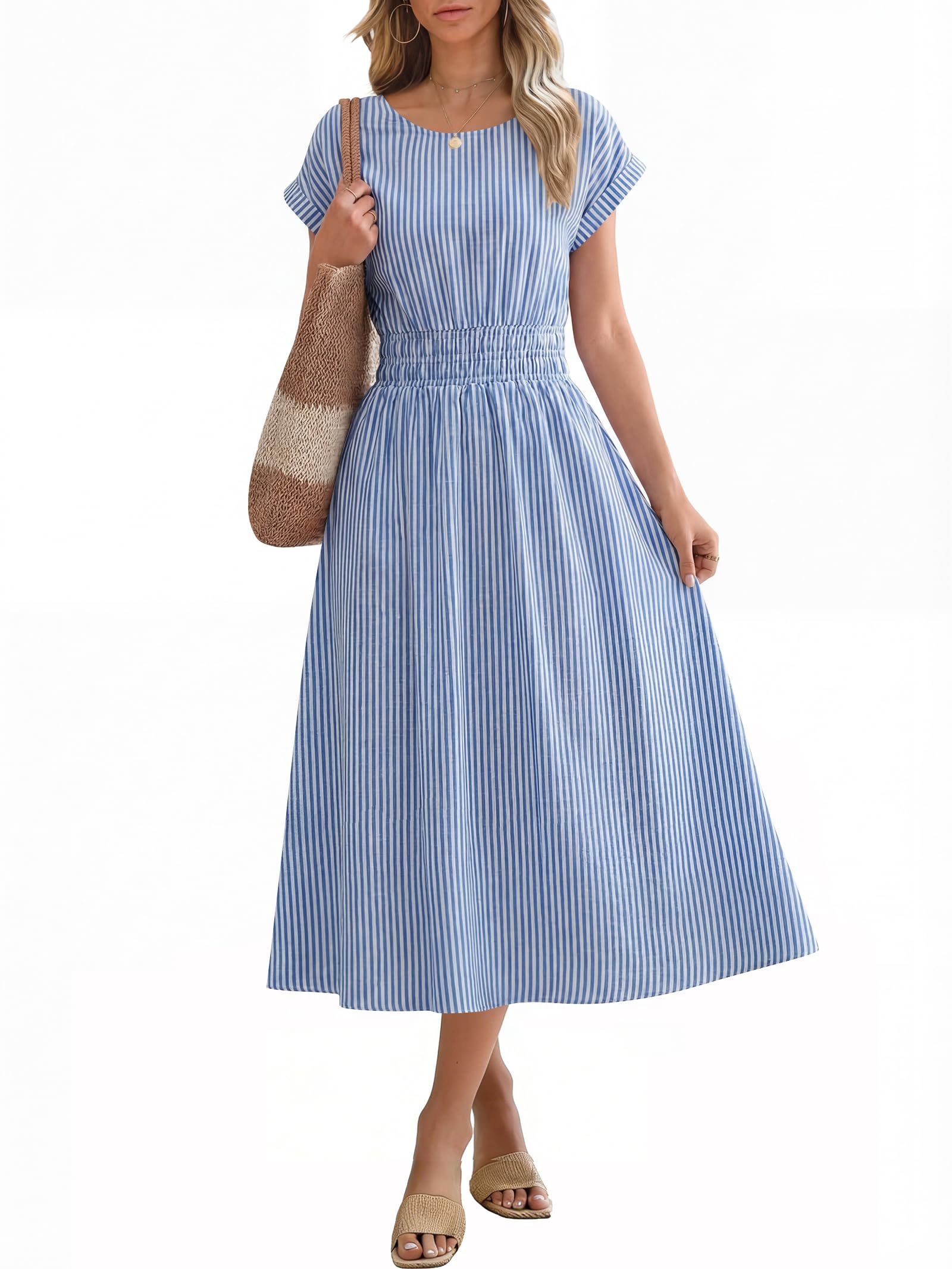 ANRABESS Womens Summer Midi Dress Striped Casual Short Sleeve Crewneck Empire Waist 2026 Flowy Long Beach Dress with Pockets Blue White Stripe X-Large
