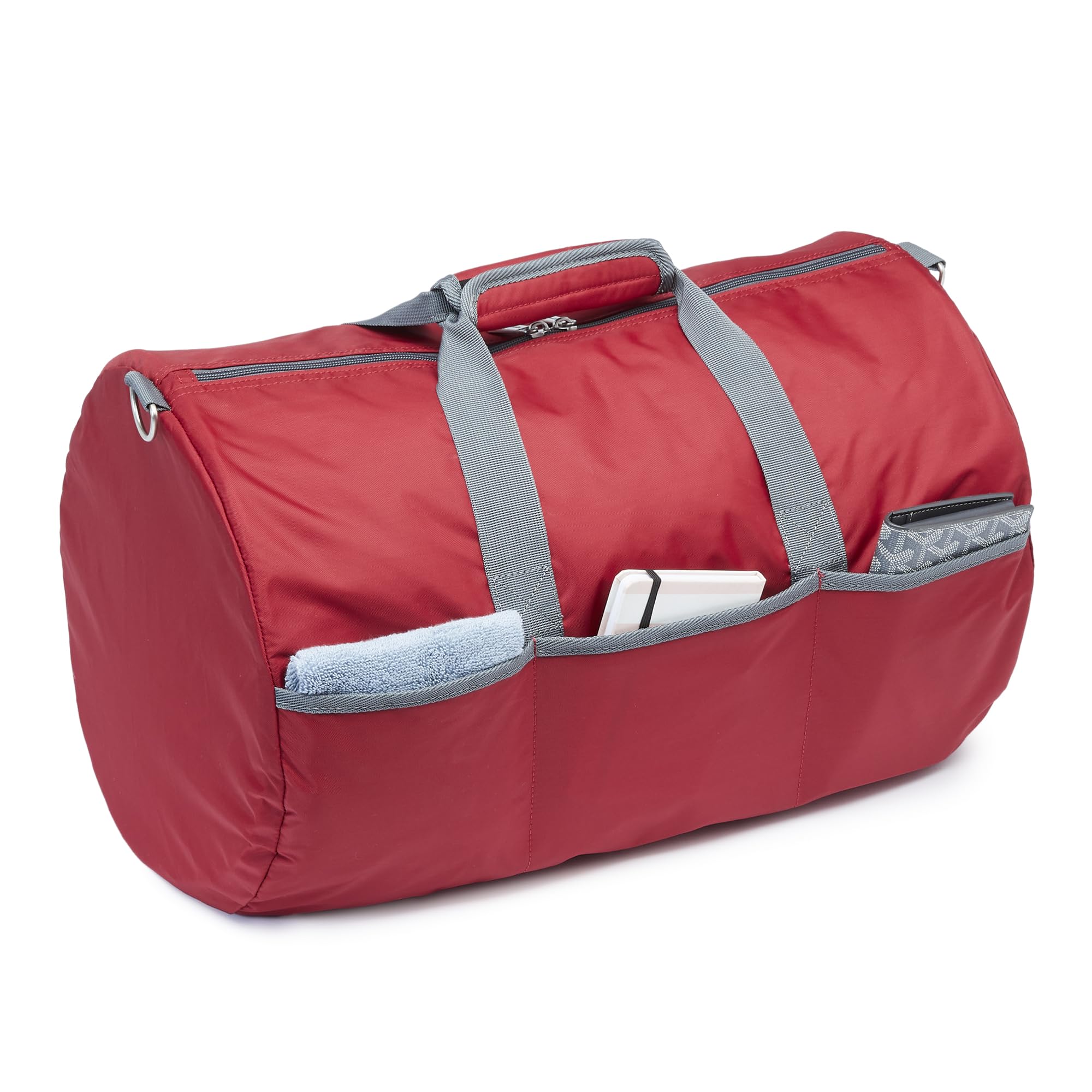 Amazon Essentials Lightweight Nylon Duffel Bag with Zippered Pockets, 20-inch, 30 lb Capacity, Red (Previously Amazon Basics)