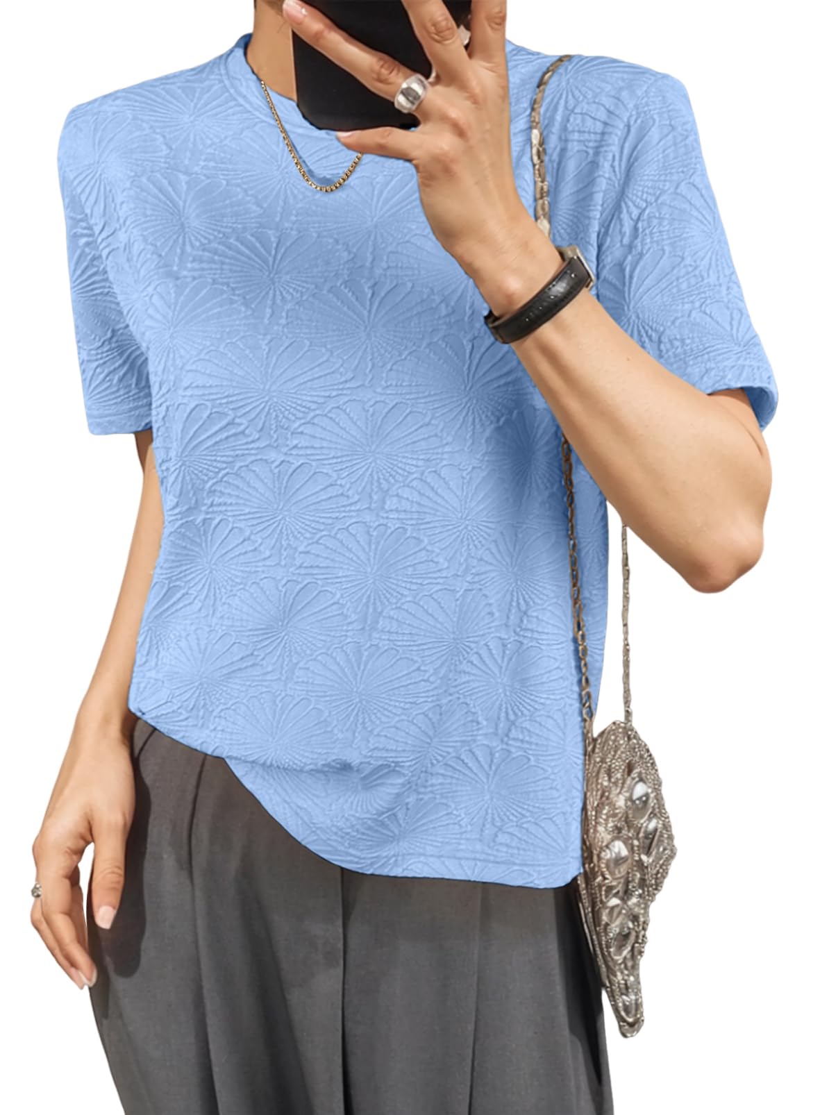 Dokotoo Women's Short Sleeve T Shirts 2026 Fashion Casual Spring Summer Crew Neck Loose Fit Textured Tops Plain Basic Tee Blouses Clothes Blue X-Large