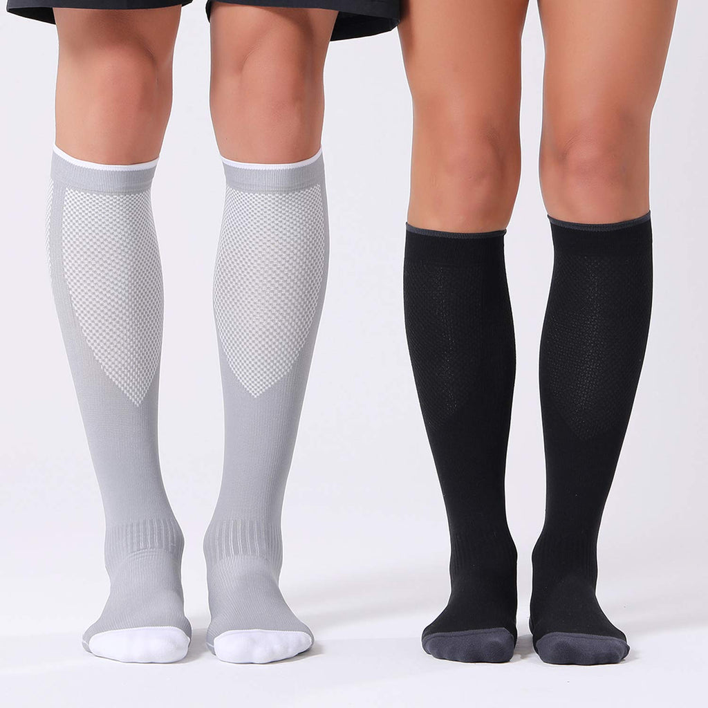 FITRELL 3 Pairs Compression Socks for Women and Men 20-30mmHg- Circulation and Muscle Support Socks for Travel, Running, Nurse, Knee High, Medical Black+White+Grey Small-Medium