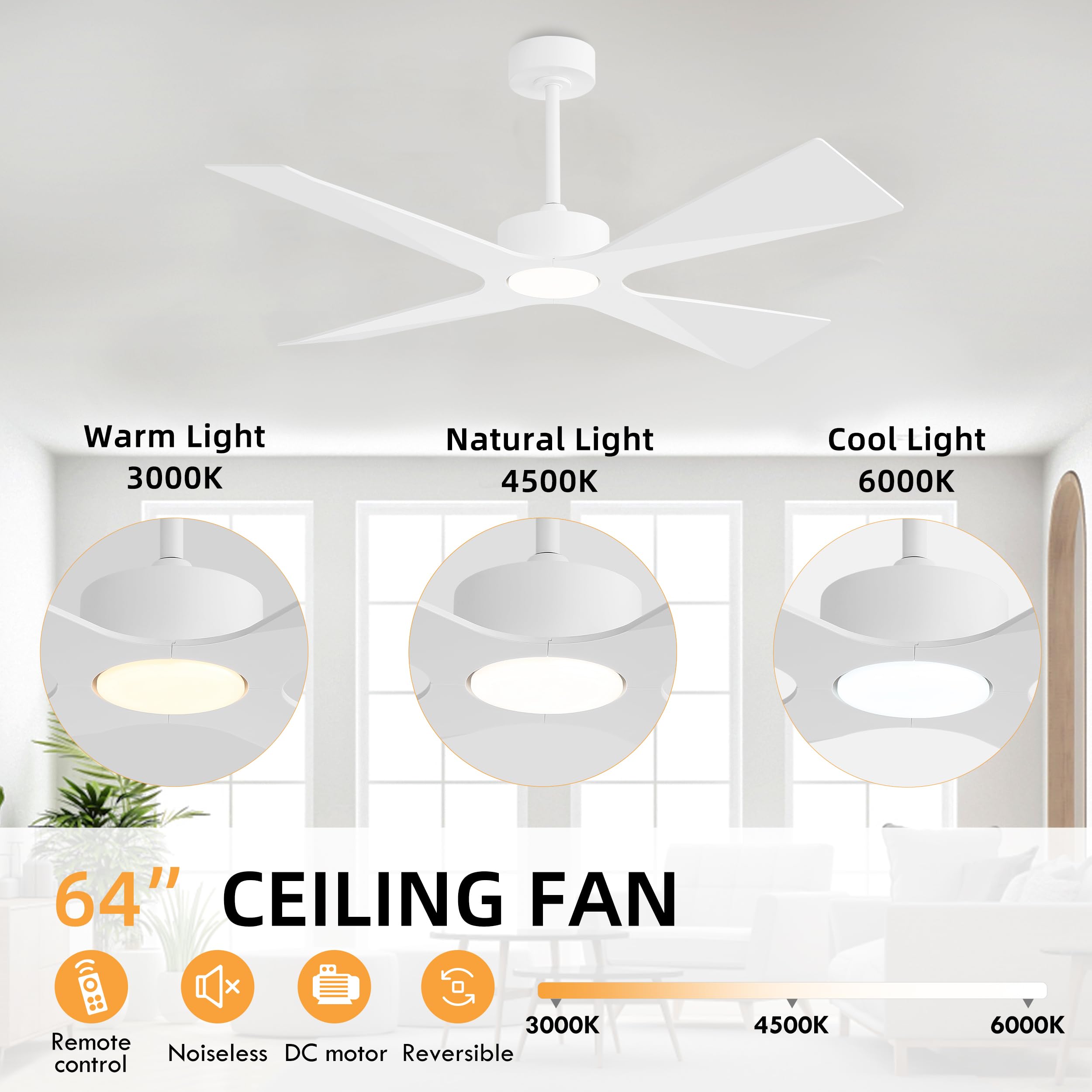 WINGBO 64" Wet Rated Outdoor Ceiling Fan with Lights, 4 ABS Plastic Blades, Reversible DC Motor, 6-Speed Remote Control, 3 CCT, Waterproof Ceiling Fan for Patio Porch Gazebo Garage, Gloss White