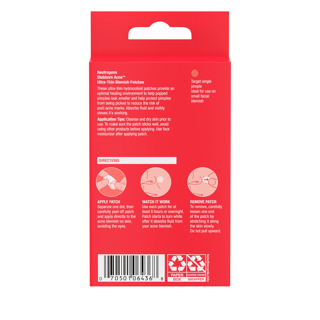 Neutrogena Stubborn Acne Ultra-Thin Patches for Acne-Prone Skin - Hydrocolloid Overnight Blemish Patch for Clear Skin, 24 Patches