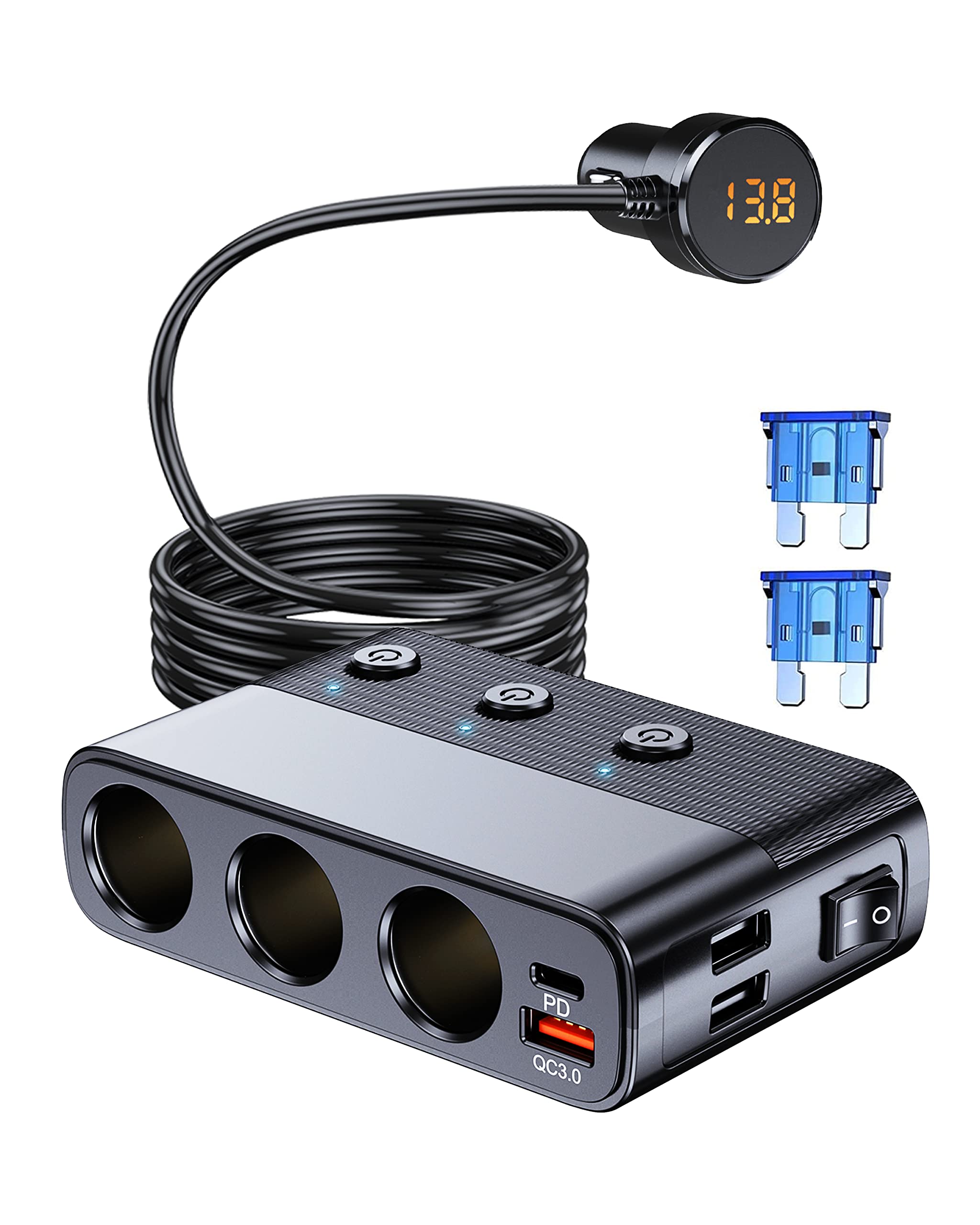 LIHAN 7-1 Cigarette Lighter Splitter,12V/24V Car Charger Adapter with 3 Socket Expander,PD30W Type-C,QC3.0 & Dual USB Ports,Independent Switches,Voltage Display,3.3FT Extension Cord fit Truck RV SUV
