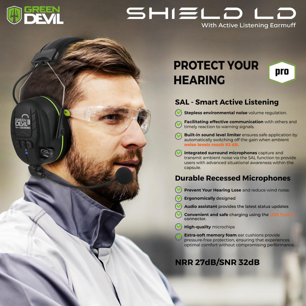 GREEN DEVIL Electronic Bluetooth Hearing Ear Protection Headphones With Boom Microphones 27dB Noise Cancelling Earmuffs