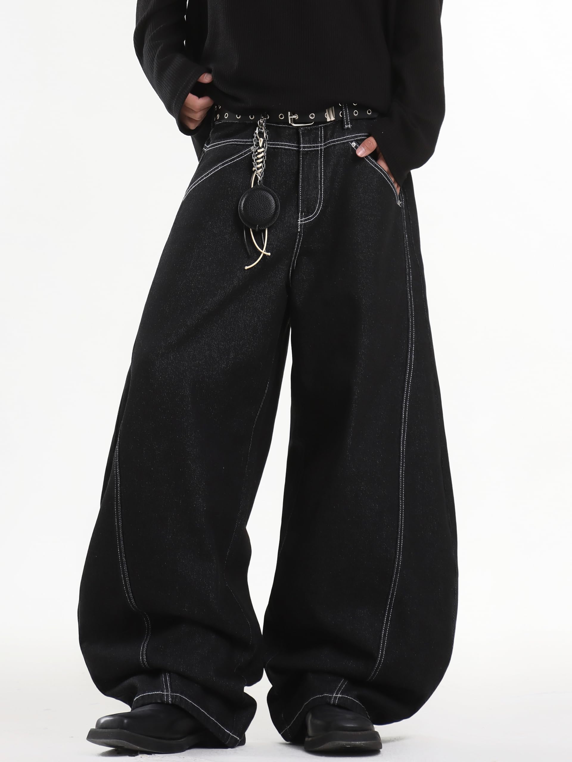 DFGIGT Baggy Barrel Jeans for Men Wide Leg Loose Fit Jeans Y2K Hip Hop Streetwear Denim Pants Oversized Relaxed Trousers 2000s Extreme Motion Skateboard Skate,E10 Black,Large