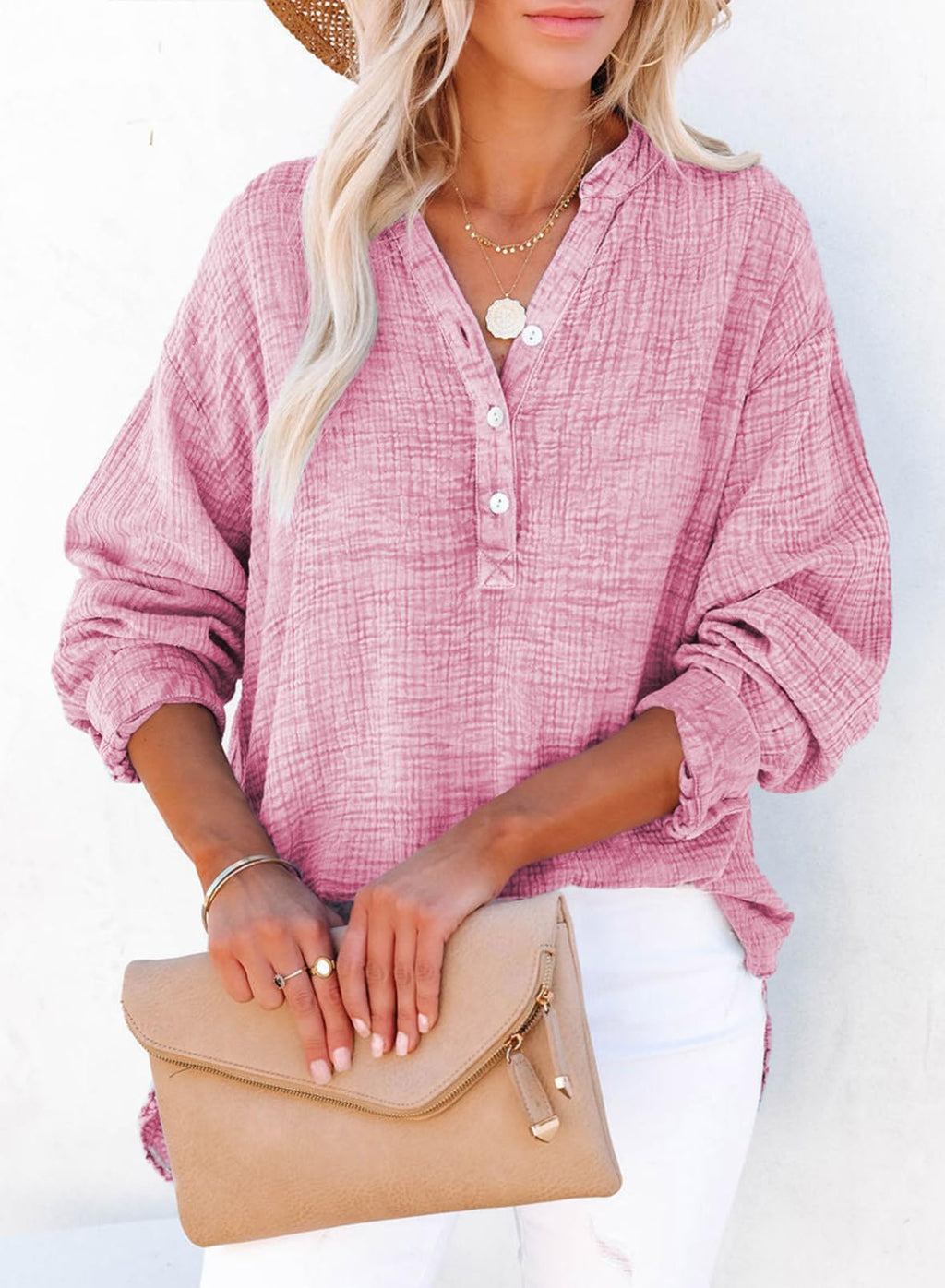 Dokotoo Womens Fashion 2026 Summer Clothes Button V Neck Long Sleeve Shirts Cotton Office Workout Pullover Blouses Tops Resort Wear for Women Tops Dressy Casual Large Pink