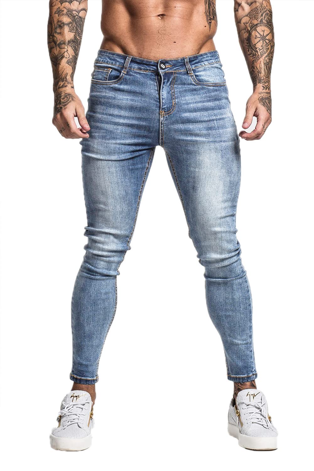 GINGTTO Skinny Jeans Men Slim Fit Stretch Blue Jeans Tapered Leg Elastic Waist 32