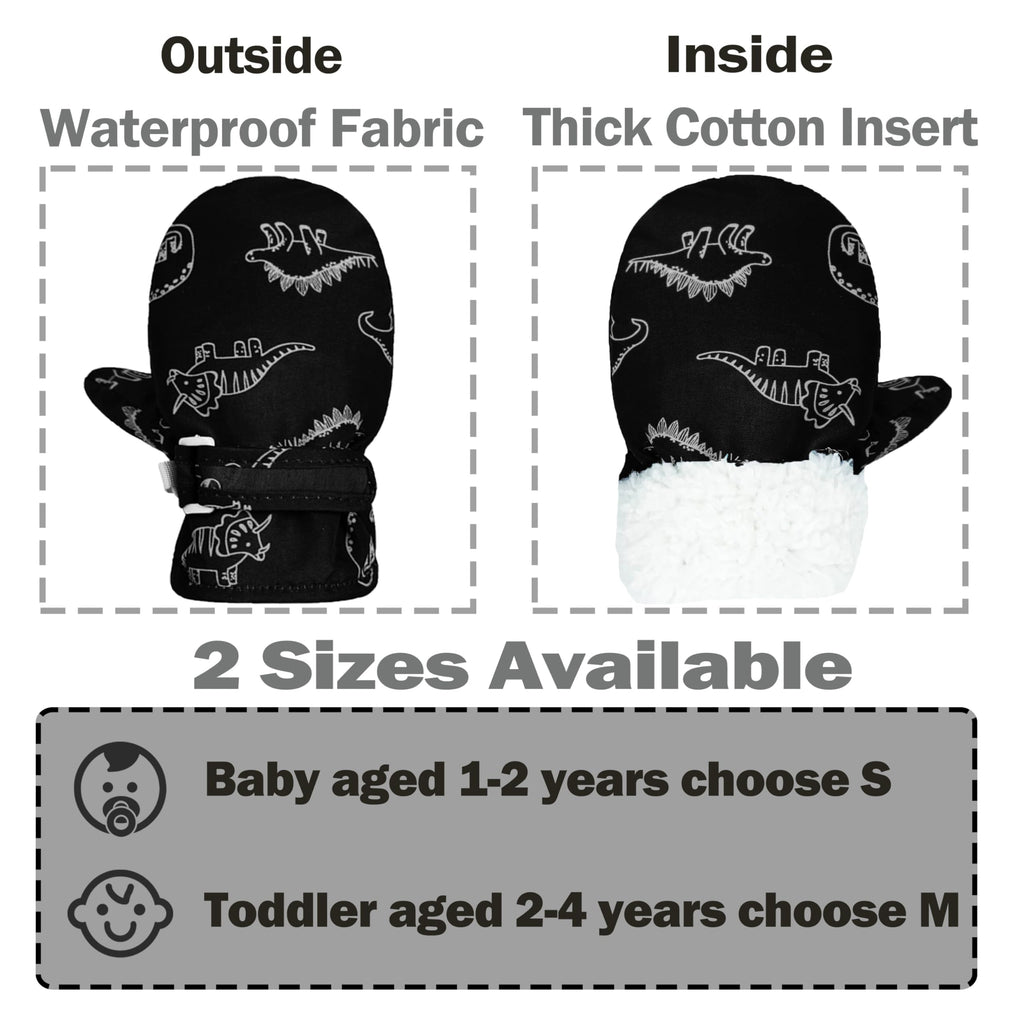 YMYDYFC Toddler Mittens Baby Waterproof Gloves Toddler Snow Gloves Kids Winter Mitten For Boy Girl Kids Ski Mitten Black Dinosaur & Gray Dinosaur M(2-4 Years)