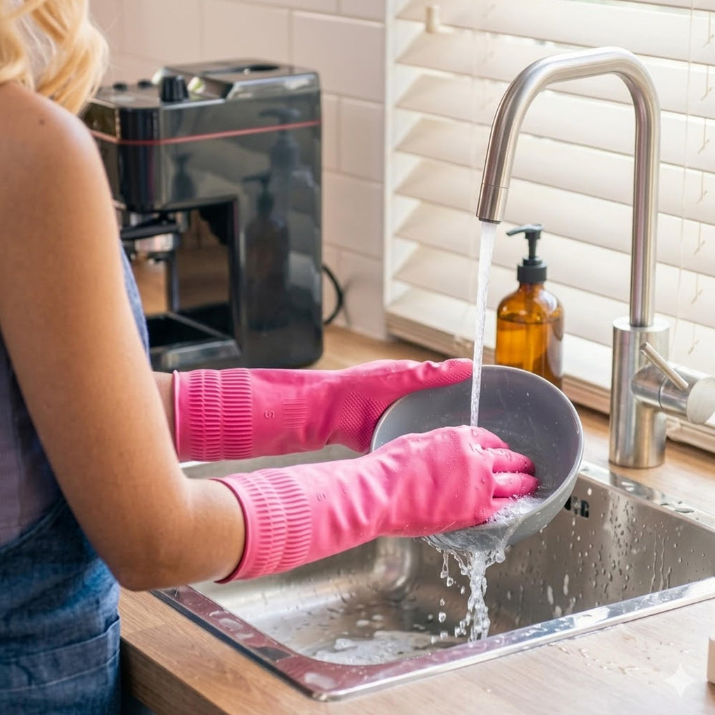 Rubber Cleaning Gloves, Dishwashing Kitchen Glove Tools for Dish Washing Household Essentials, Waterproof Non-Slip Long Cuff House Supplies Guantes Para Lavar Platos Women, Red+Pink, Medium, 2 Pairs