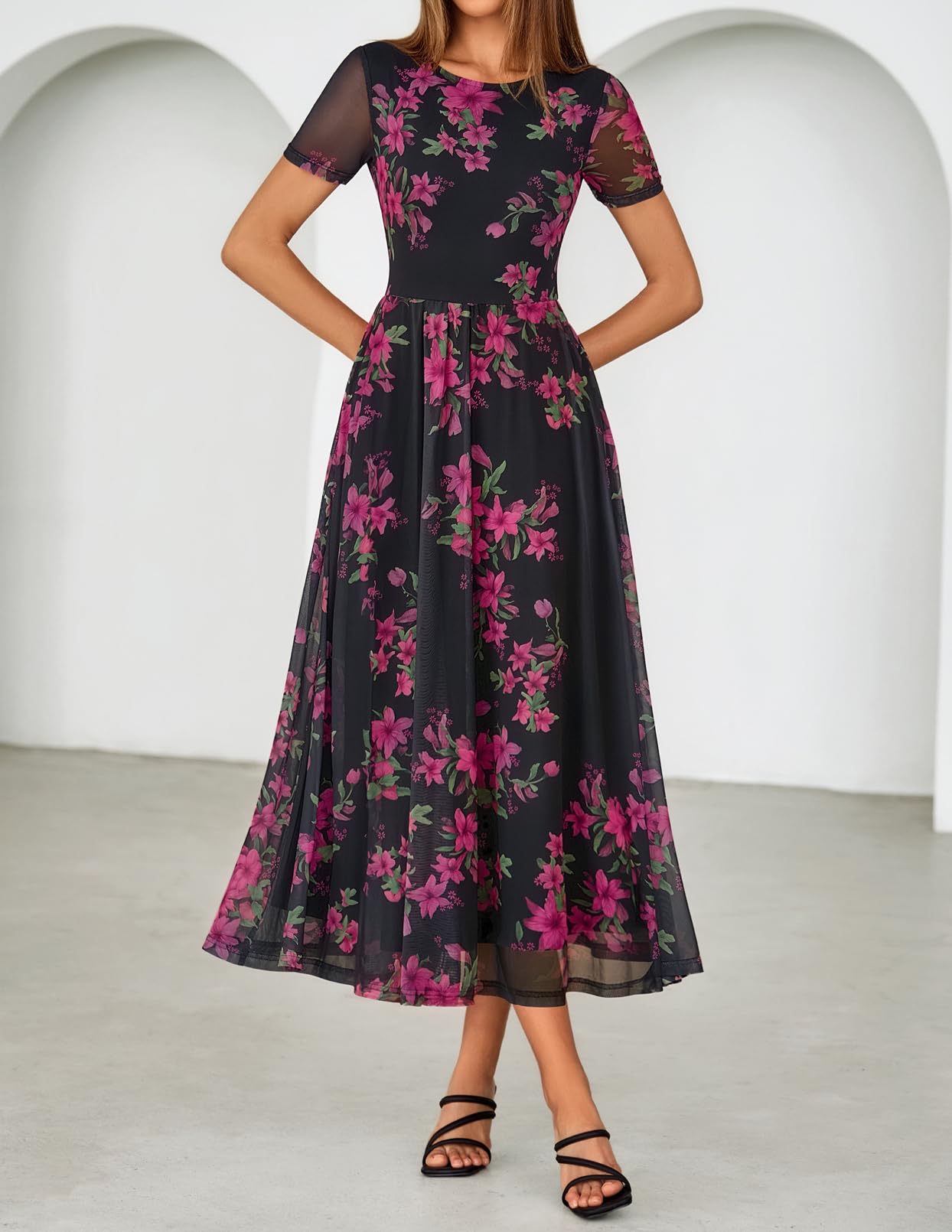 MEROKEETY Women' Summer Floral Maxi Dress 2026 Spring Mesh Short Sleeve Flowy Wedding Guest Beach Long Dresses, Black, Large