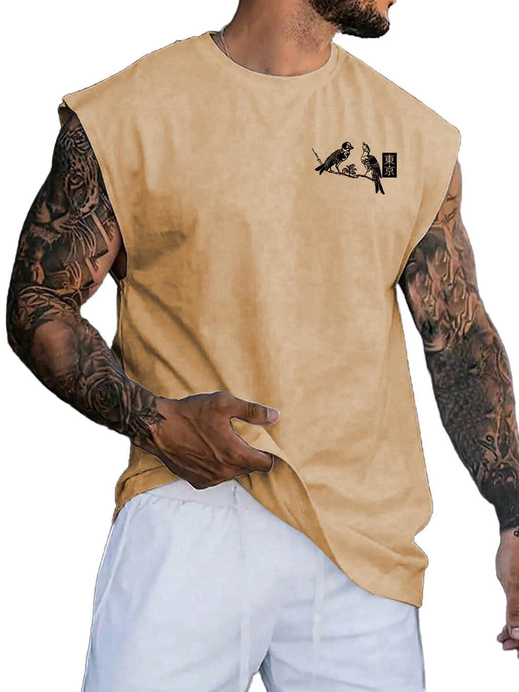 WDIRARA Men's Letter Floral Graphic Tank Top Crew Neck Sleeveless Summer T Shirts Apricot XX-Large