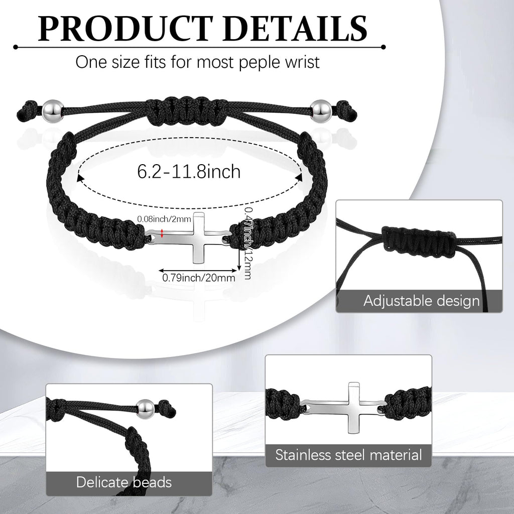 Sureio Cross Friendship Bracelet Adjustable Braided Rope Jesus Christian Cross Bracelets Matching Couple String Lucky Strand BFF Wristband for Women Men Boy Girls Easter Baptism (Black)