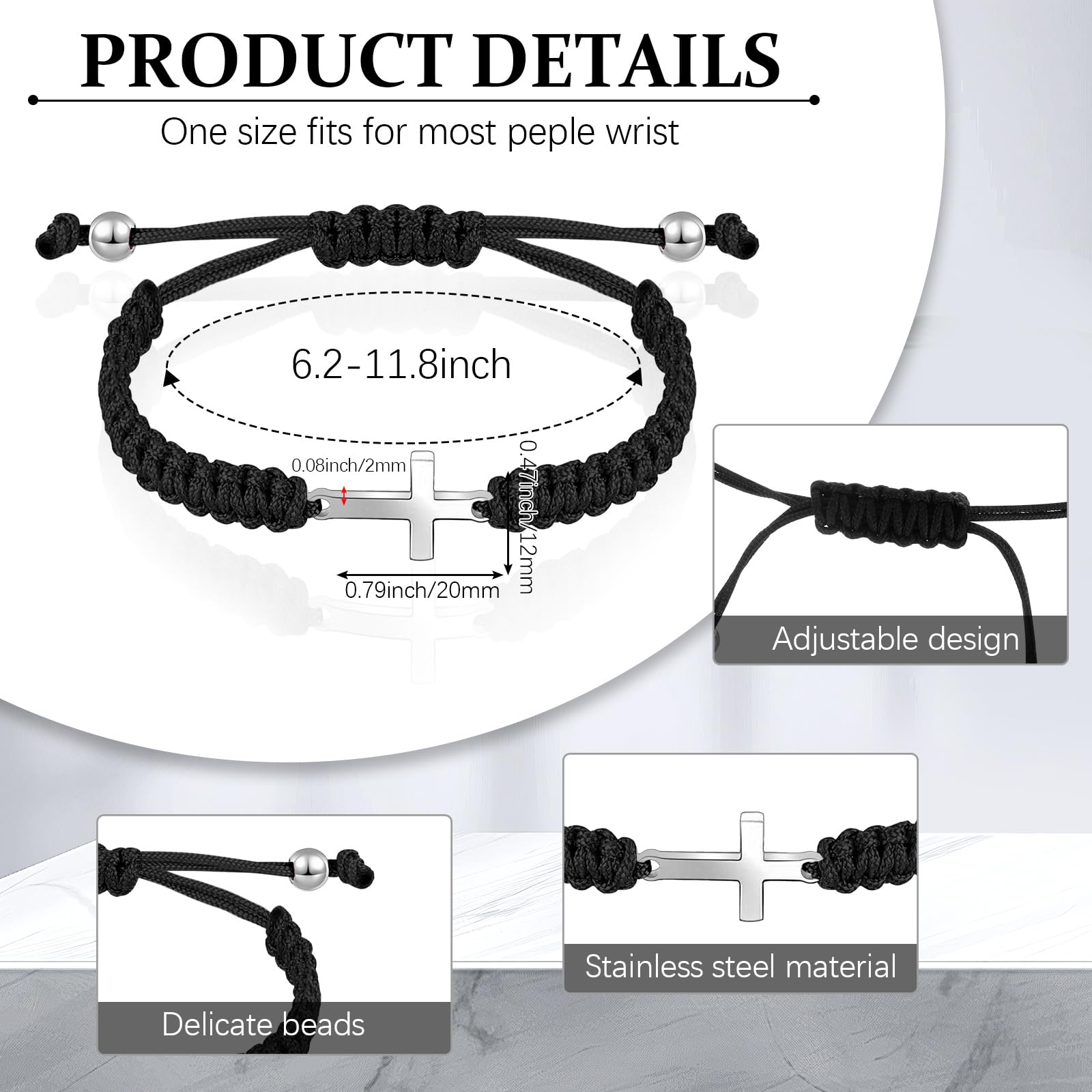 Sureio Cross Friendship Bracelet Adjustable Braided Rope Jesus Christian Cross Bracelets Matching Couple String Lucky Strand BFF Wristband for Women Men Boy Girls Easter Baptism (Black)