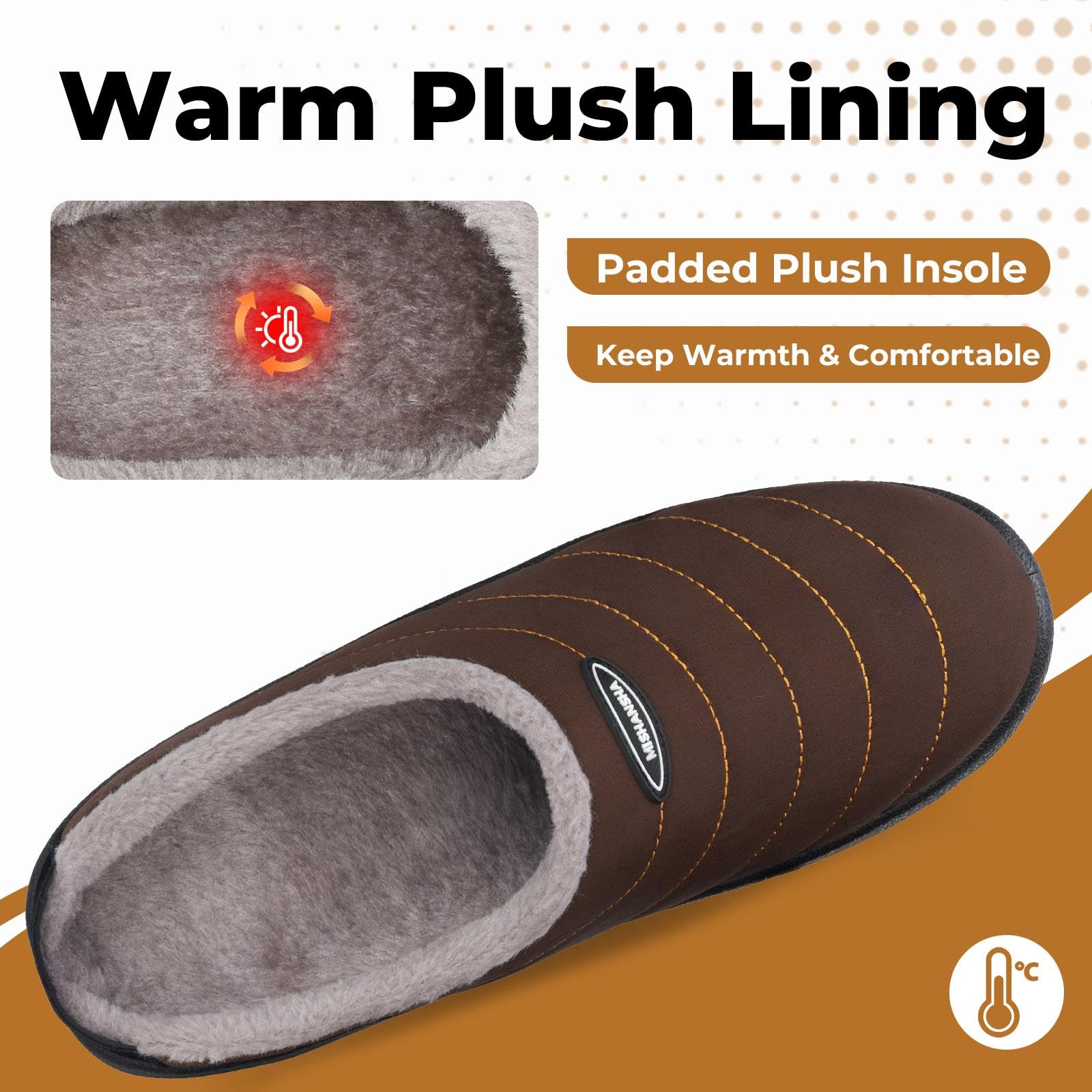 Mishansha Mens Womens House Slippers Warm Fur Lined Winter House Shoes Slip on Cozy Indoor Outdoor Slipper Brown Size 9.5 Women/7.5 Men