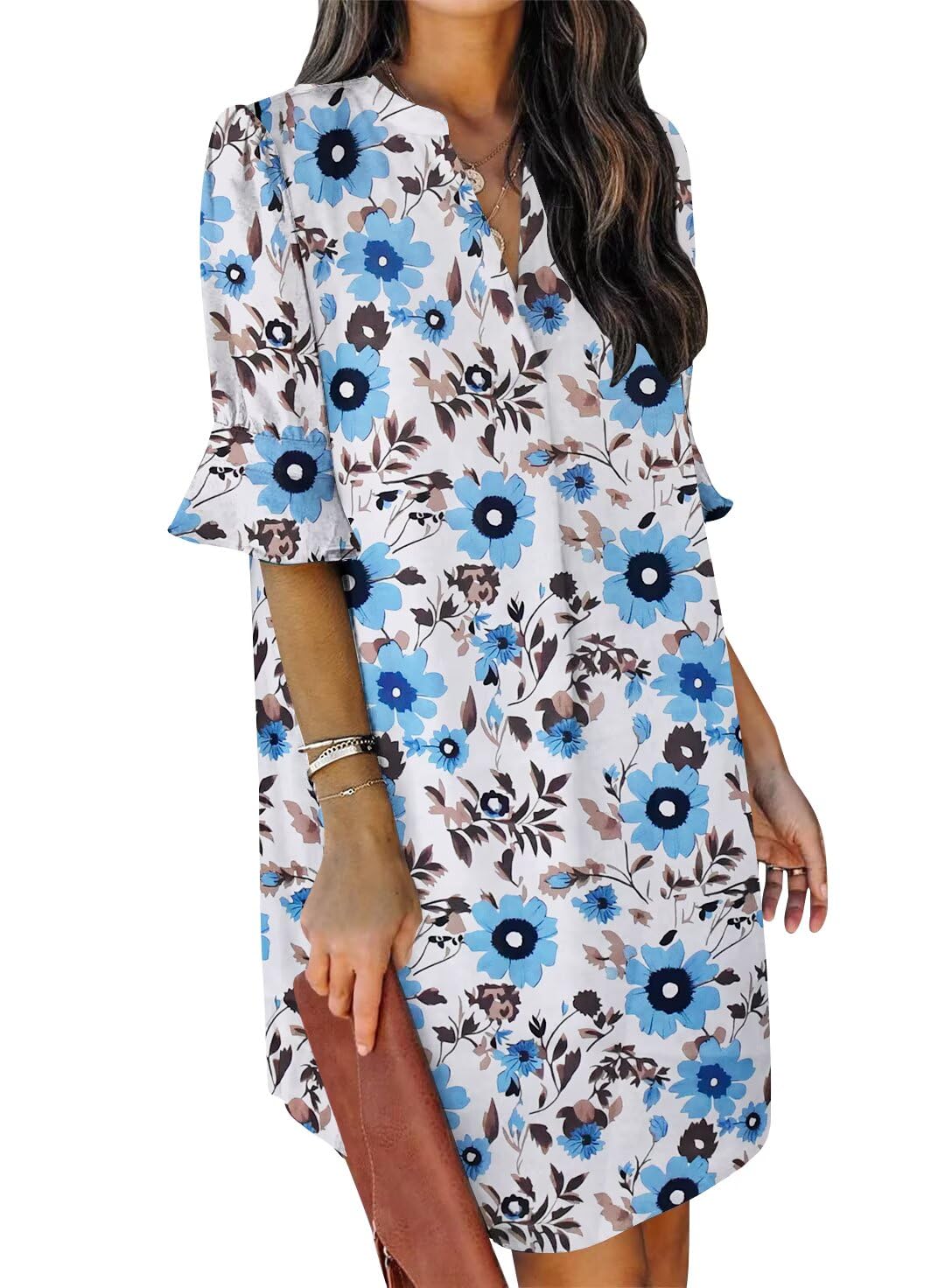 QACOHU Spring Summer Dresses for Women 2026 Ruffle Sleeves Sundress Simple Mini Dress V-Neck Shift Dress Blue Flowers L